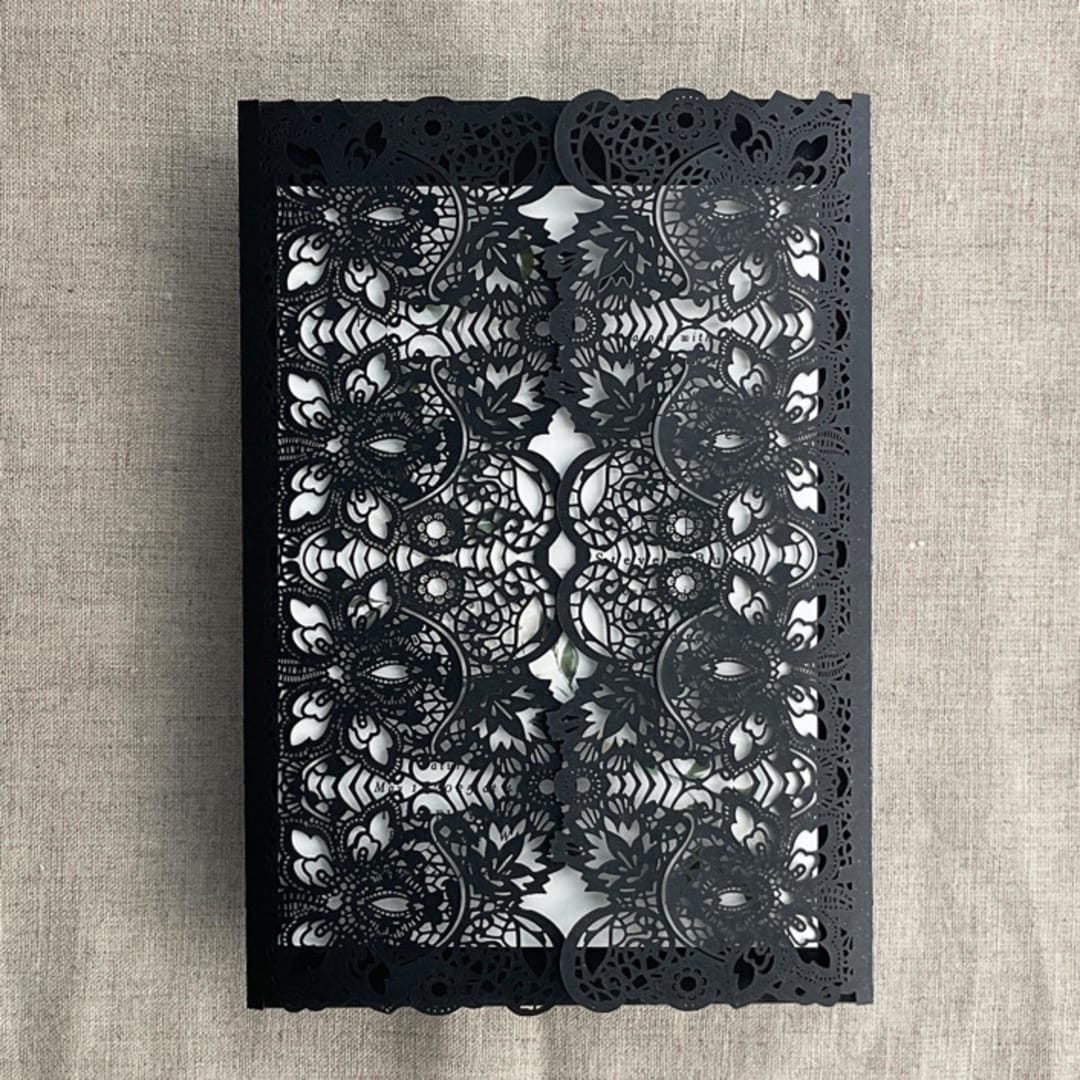 "Black French Lace Lasercut Gate Jacket for 4.25x6 inch Invitation | Pack of 10 | Envelopes Included" - Invitation Jackets and Overlays in black by Ivory Invitations