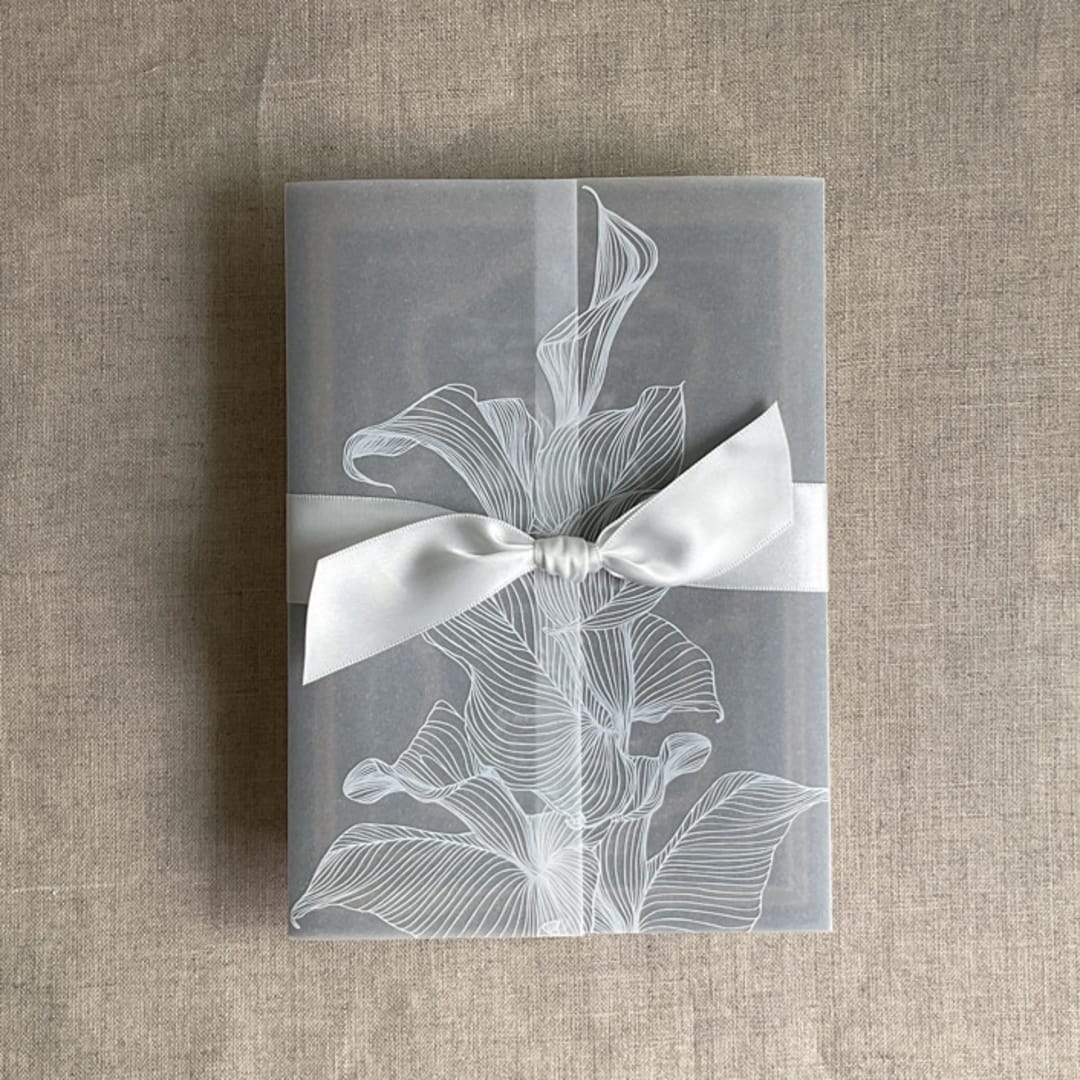 "White calla floral printed vellum wrap for 5x7 card | pack of 10" - Invitation Jackets and Overlays in white by Ivory Invitations