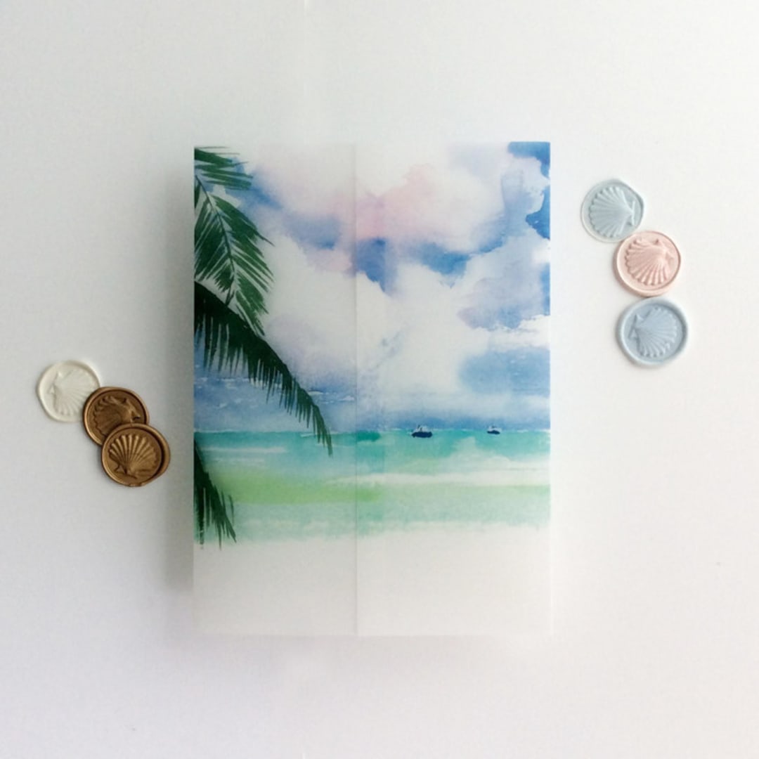 "Kai watercolor effect seaside landscape printed vellum wrap for 5x7 card | pack of 10" - Invitation Jackets and Overlays in natural by Ivory Invitations