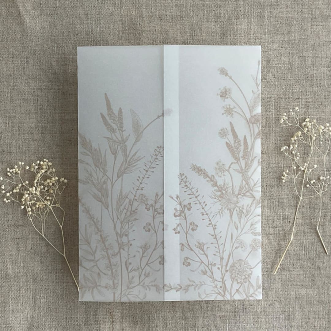 "Cashmere English botanical garden floral printed vellum wrap for 5x7 card | pack of 10" - Invitation Jackets and Overlays in beige by Ivory Invitations