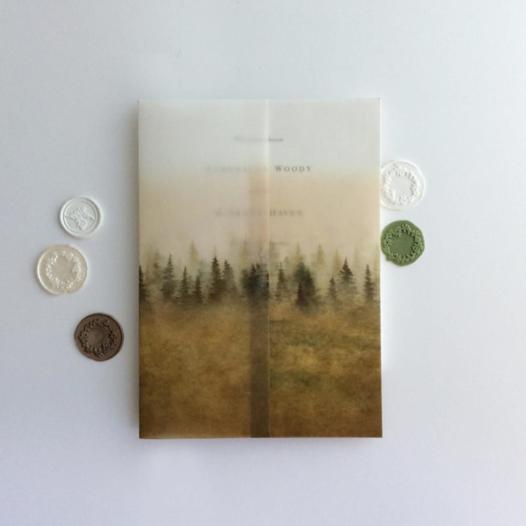 "Rustic Golden ombre forest landscape printed vellum wrap for 5x7 card  | pack of 10" - Invitation Jackets and Overlays in gold by Ivory Invitations