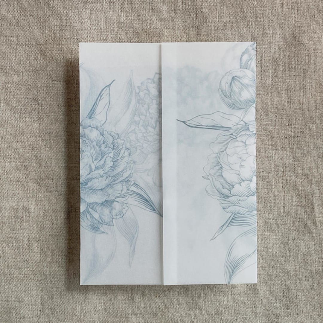 "Steel blue etched grand peony floral printed vellum wrap for 5x7 card  | pack of 10" - Invitation Jackets and Overlays in blue by Ivory Invitations