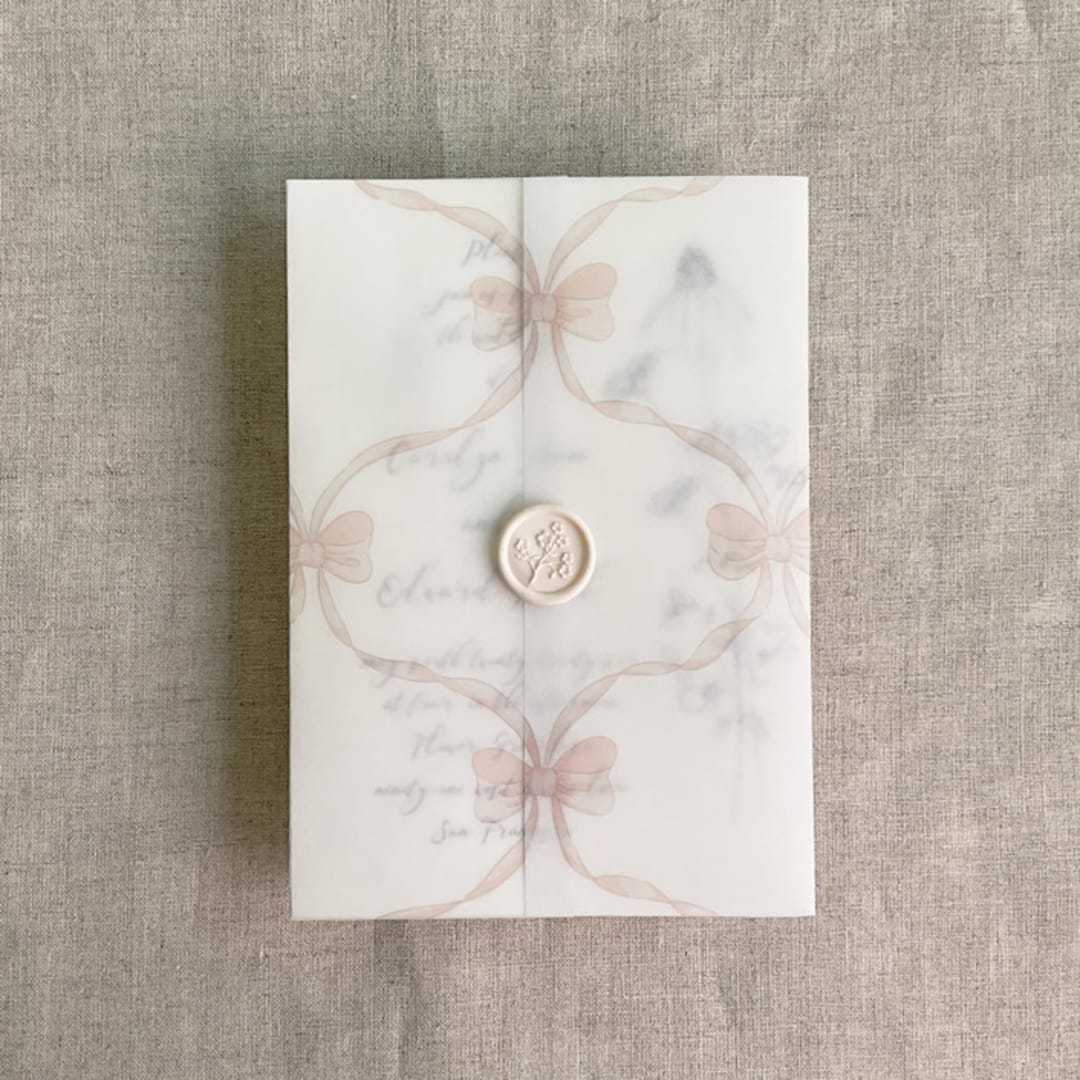 "Blush genie floral bows printed vellum wrap for 5x7 card | pack of 10" - Invitation Jackets and Overlays in pink by Ivory Invitations