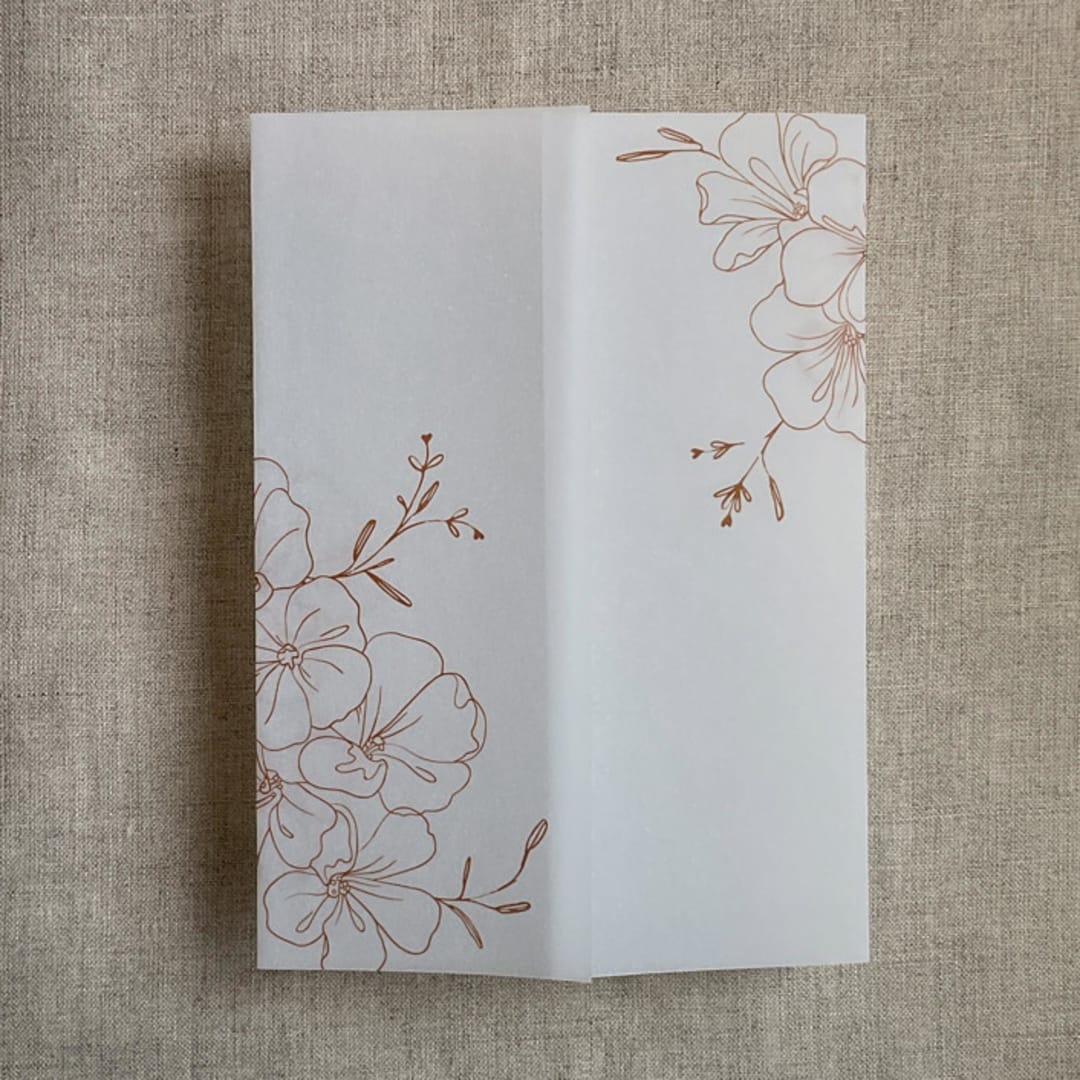 "Minimalist Peachy camelia flowers rust printed vellum wrap for 5x7 card | pack of 10" - Invitation Jackets and Overlays in copper by Ivory Invitations