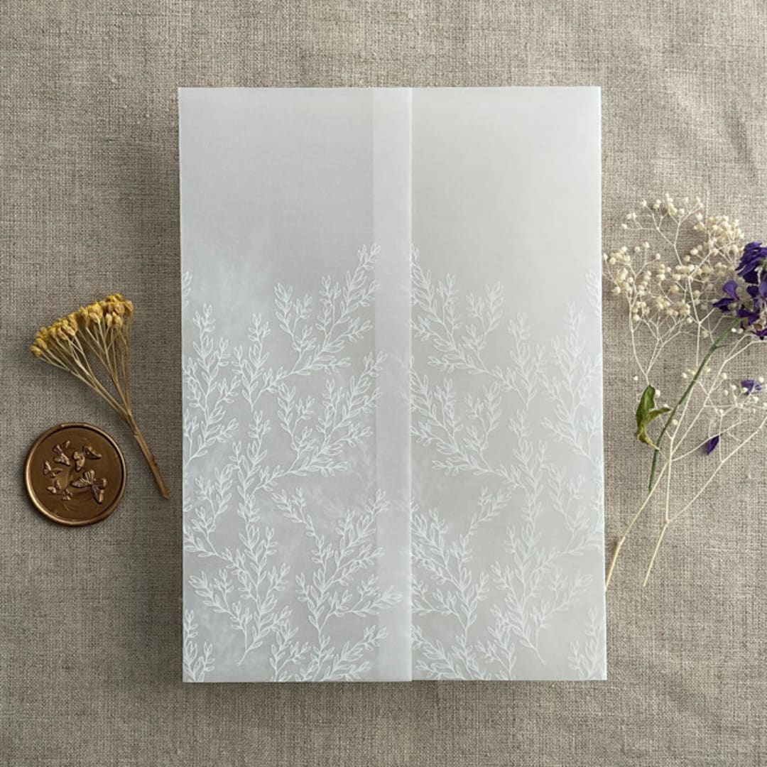 "Alice White botanic French toile leafy branch pattern printed vellum wrap for 5x7 card | pack of 10" - Invitation Jackets and Overlays in white by Ivory Invitations