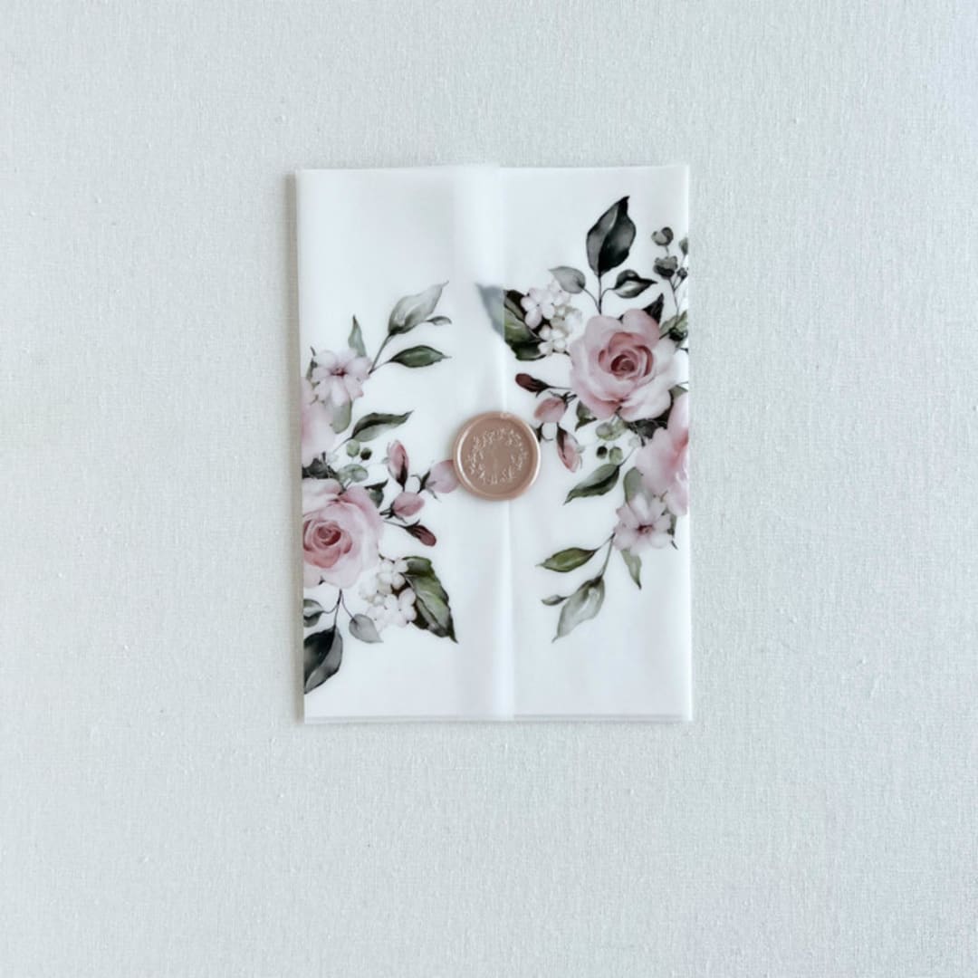 "Dusty rose floral vellum wedding wraps | Set of 10" - Invitation Jackets and Overlays in pink by Eva Friesen