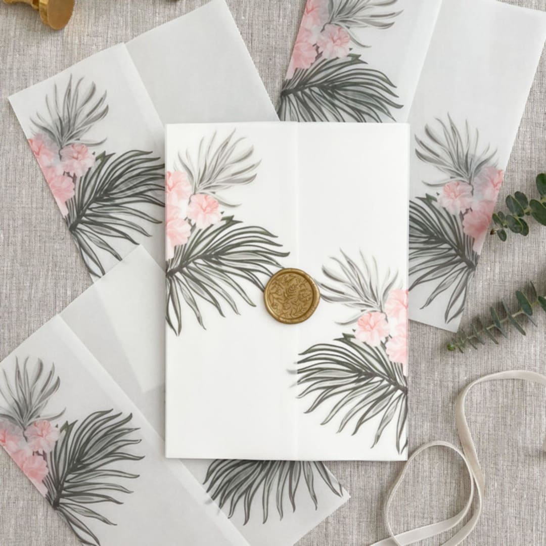 "Tropical leaves and hibiscus vellum wrap | Set of 10" - Invitation Jackets and Overlays in multicolorassorted-colors by Maria Ferrer G.