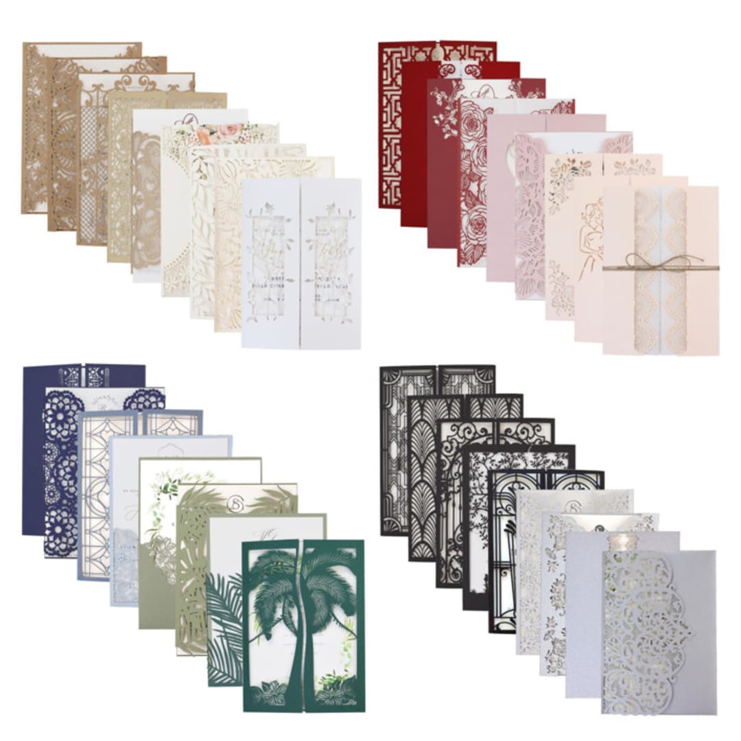 "Personalized Set of 5 Samples of Laser Cut Covers for 5 x 7 Inserts with Envelopes" - Invitation Jackets and Overlays in multicolorassorted-colors by Self Stationery