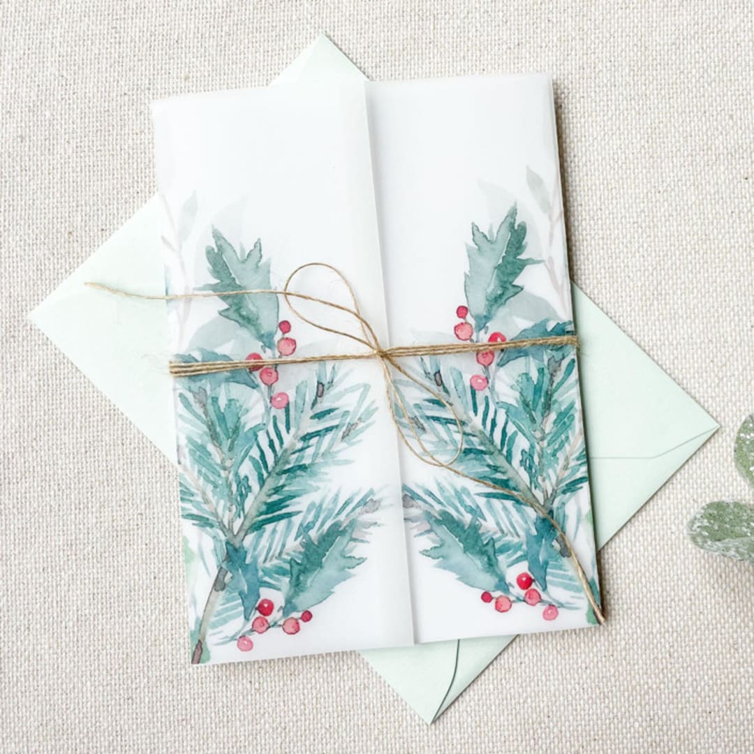 "Holly Pine Berries Vellum Jacket | Set of 10" - Invitation Jackets and Overlays in multicolorassorted-colors by Megan Tendler