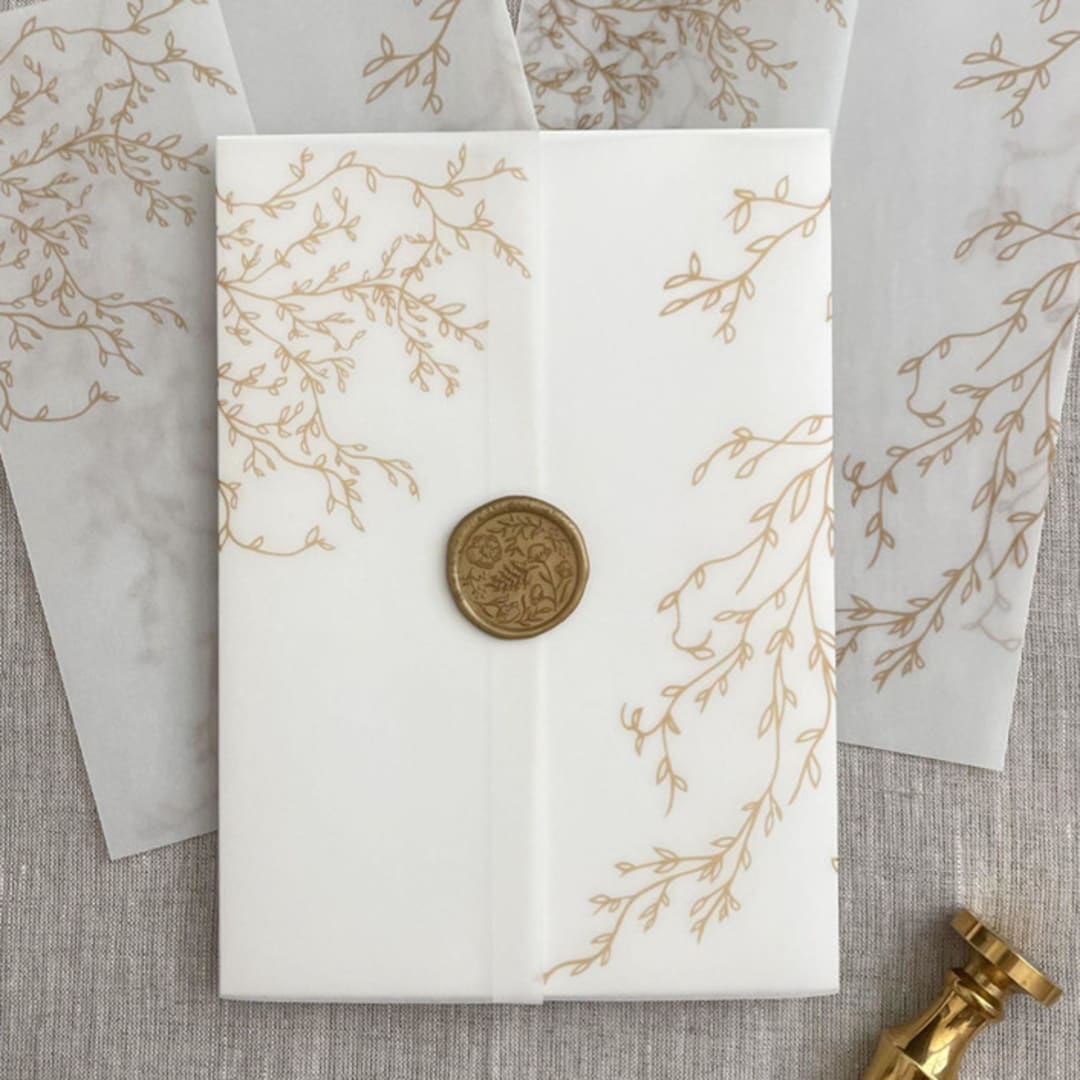 "Faux gold greenery vellum wrap for invitations | Set of 10" - Invitation Jackets and Overlays in gold by Maria Ferrer G.