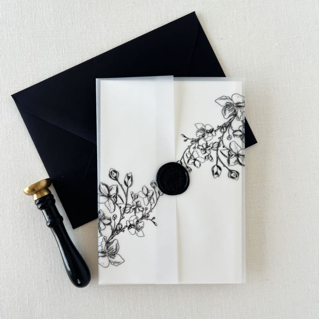 "Cherry Blossom Vellum Jacket | Set of 10" - Invitation Jackets and Overlays in black by Eva Friesen