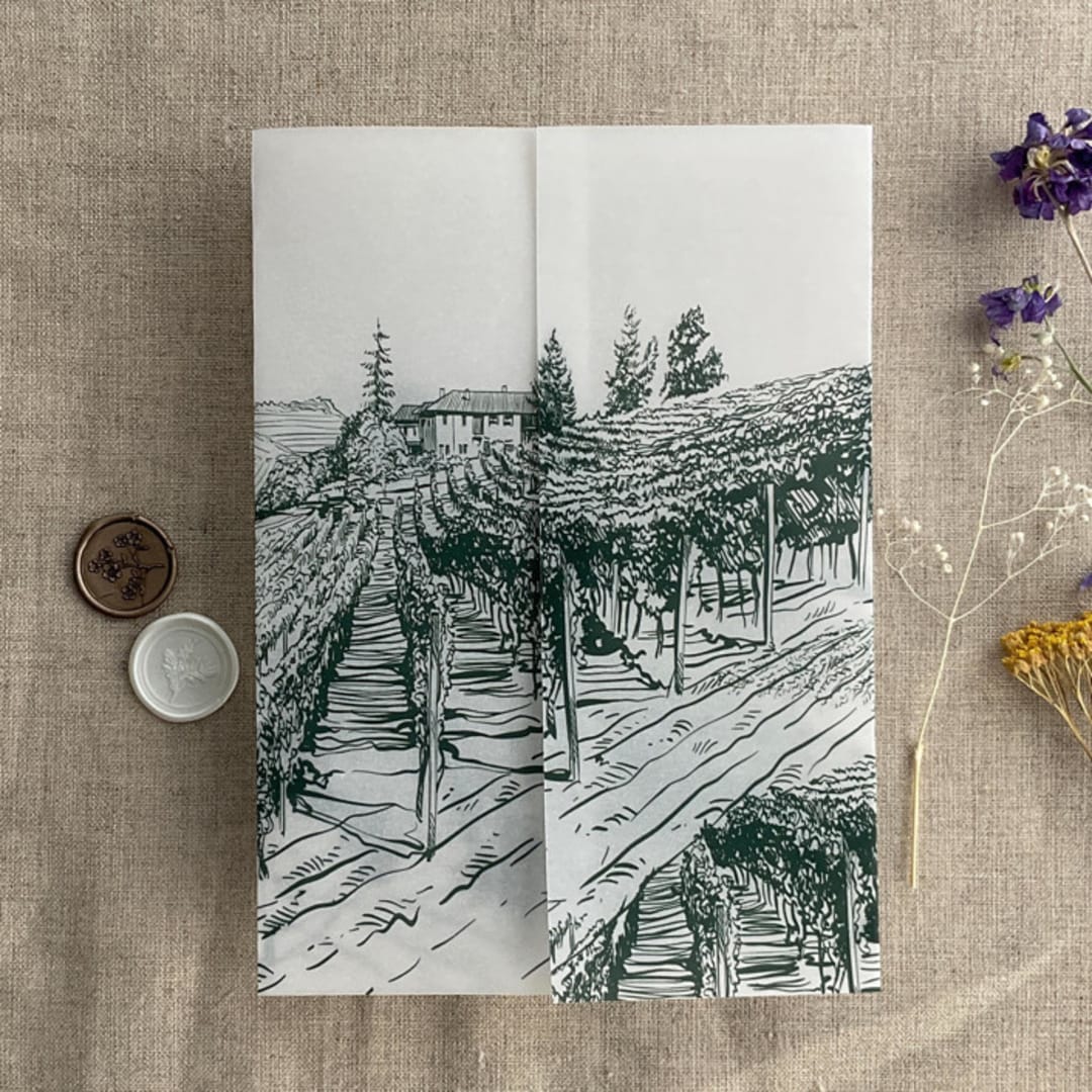 "Forest green vineyard landscape sketch printed vellum wrap for 5x7 card | pack of 10" - Invitation Jackets and Overlays in green by Ivory Invitations