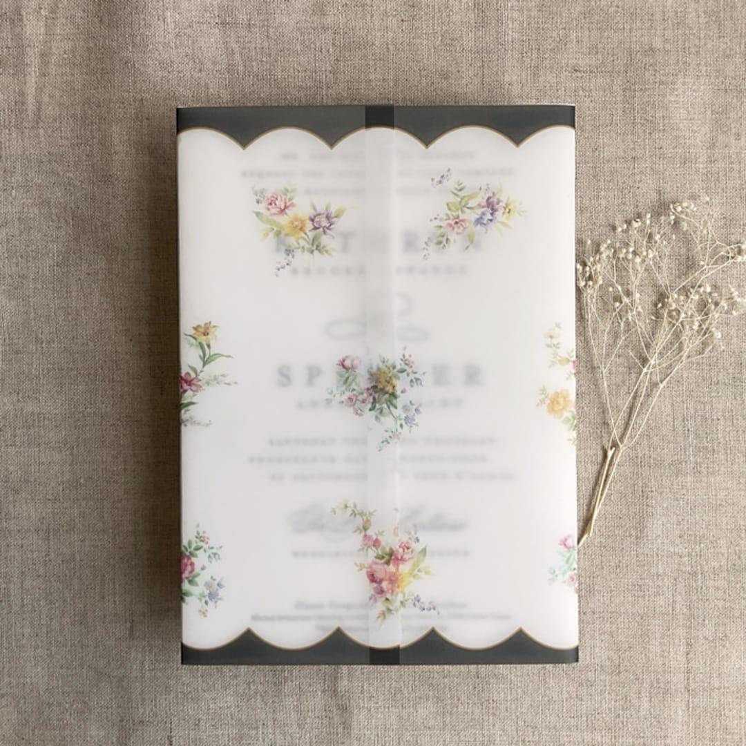 "Clara black scallop floral edge printed vellum wrap for 5x7 card | pack of 10" - Invitation Jackets and Overlays in black by Ivory Invitations