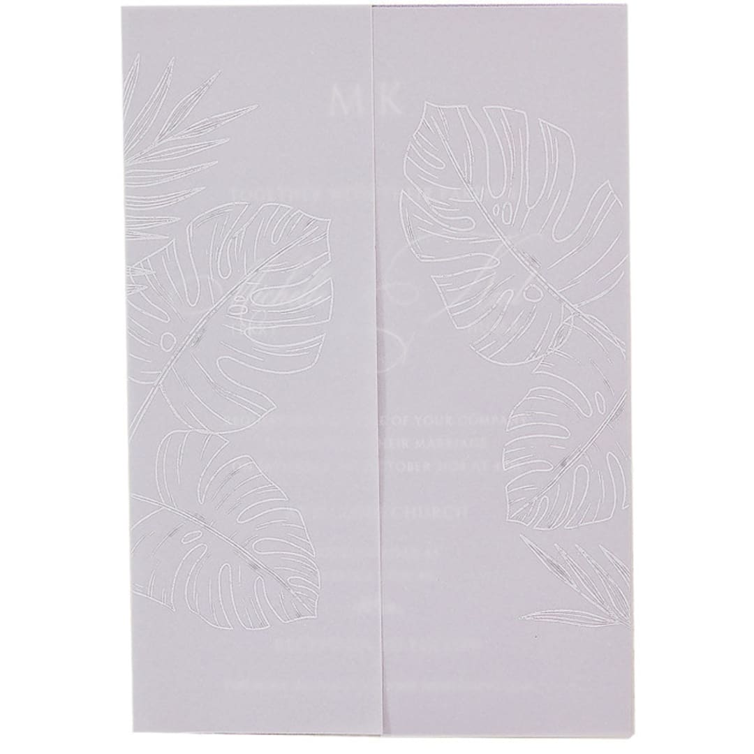 "Monstera Leaves in White Matt Stamping Foil on Vellum Jackets, Set of 10" - Invitation Jackets and Overlays in white by Self Stationery