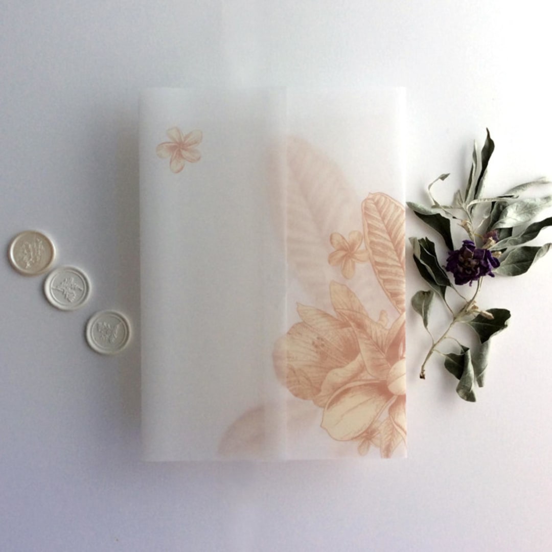 "Blush peach floral Chelsea tropical flowers and leaves printed vellum wrap for 5x7 card | pack of 10" - Invitation Jackets and Overlays in pink by Ivory Invitations