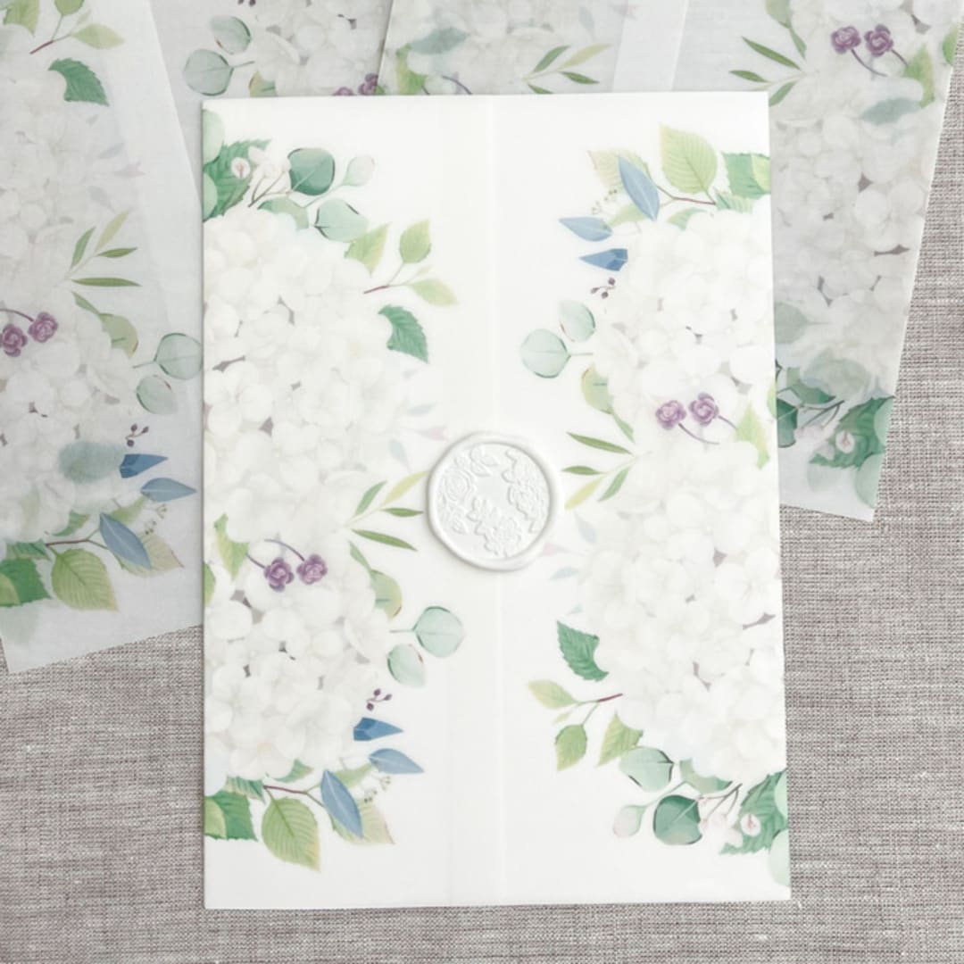 "White hydrangeas vellum warps for 5x7 invitations | Set of 10" - Invitation Jackets and Overlays in multicolorassorted-colors by Maria Ferrer G.