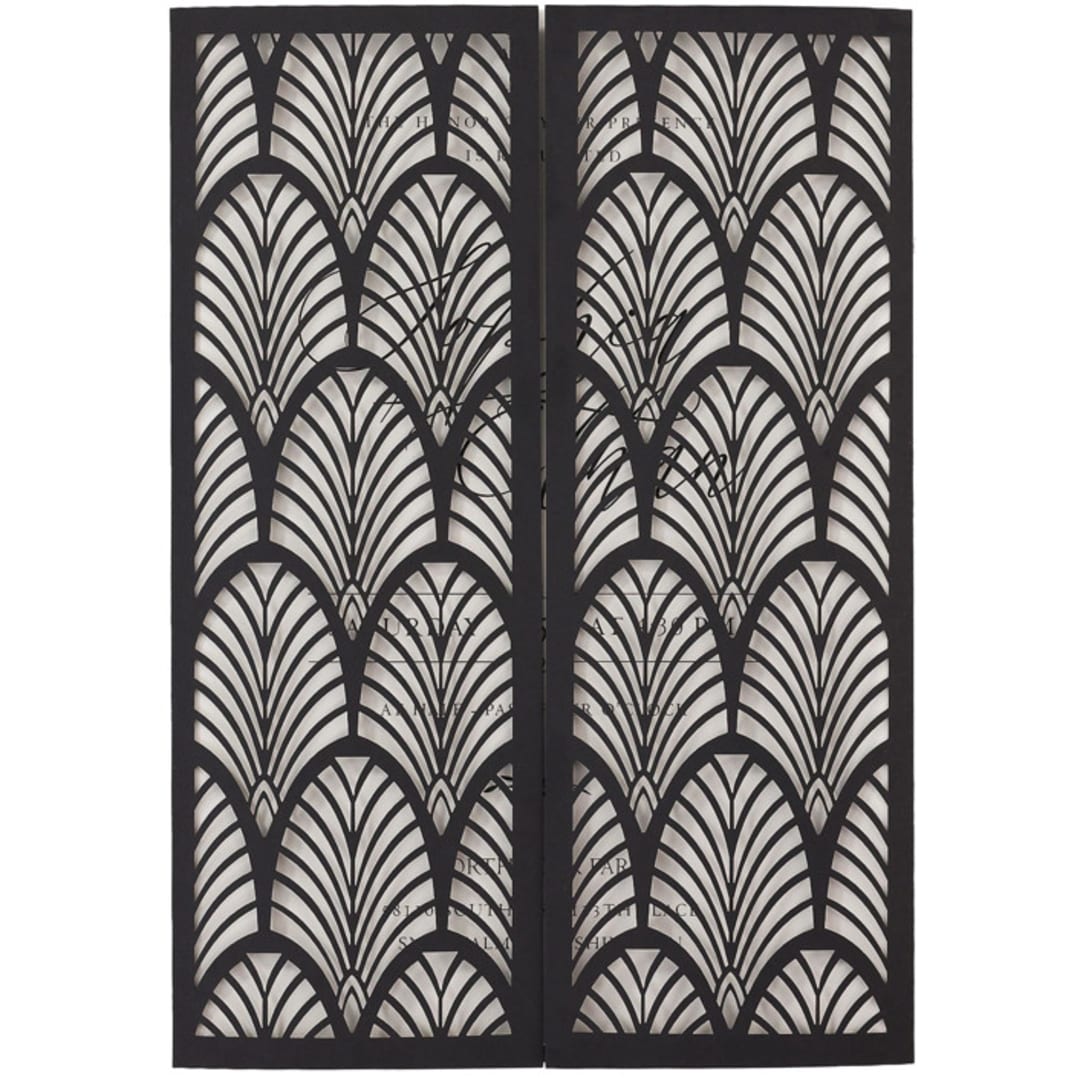 "Art Deco Great Gatsby Gatefold Laser Cut Wedding Cover for 5x7 Card  | Set of 10 | Envelopes Included" - Invitation Jackets and Overlays in black by Self Stationery