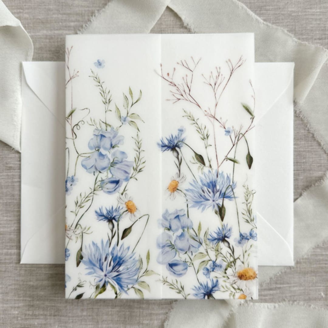 "Blue floral garden vellum jackets for invitations | Set of 10" - Invitation Jackets and Overlays in blue by Maria Ferrer G.