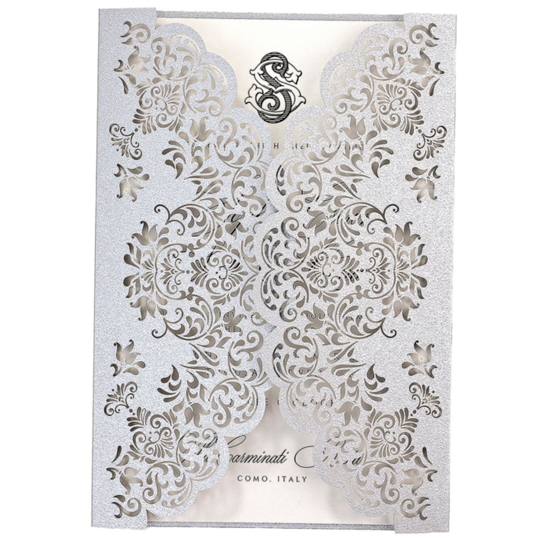 "Silver Laser Cut Invitation Cover for 5x7 Card | Set of 10 | Envelopes Included" - Invitation Jackets and Overlays in silver by Self Stationery