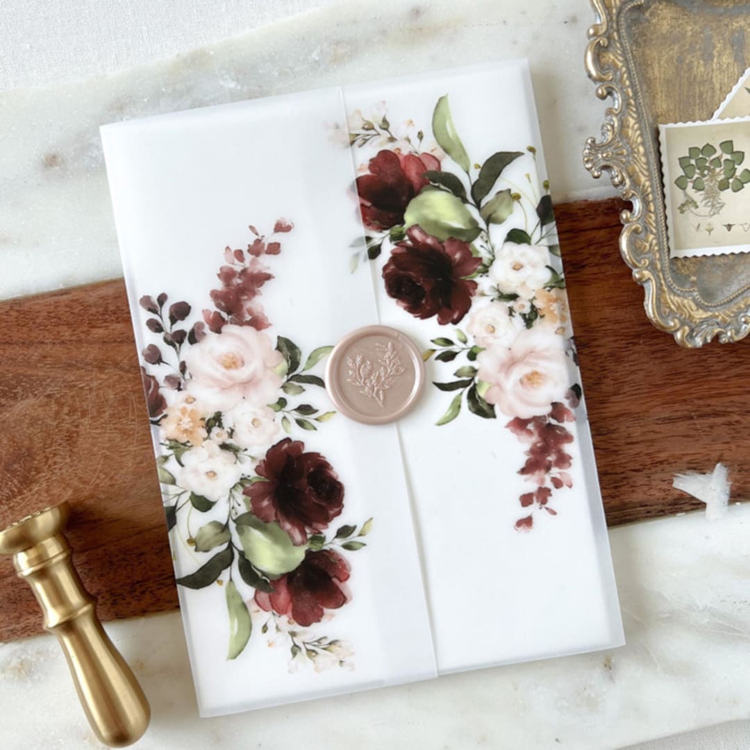 "Burgundy and Blush Floral Vellum Wrap | Set of 10" - Invitation Jackets and Overlays in multicolor by Eva Friesen