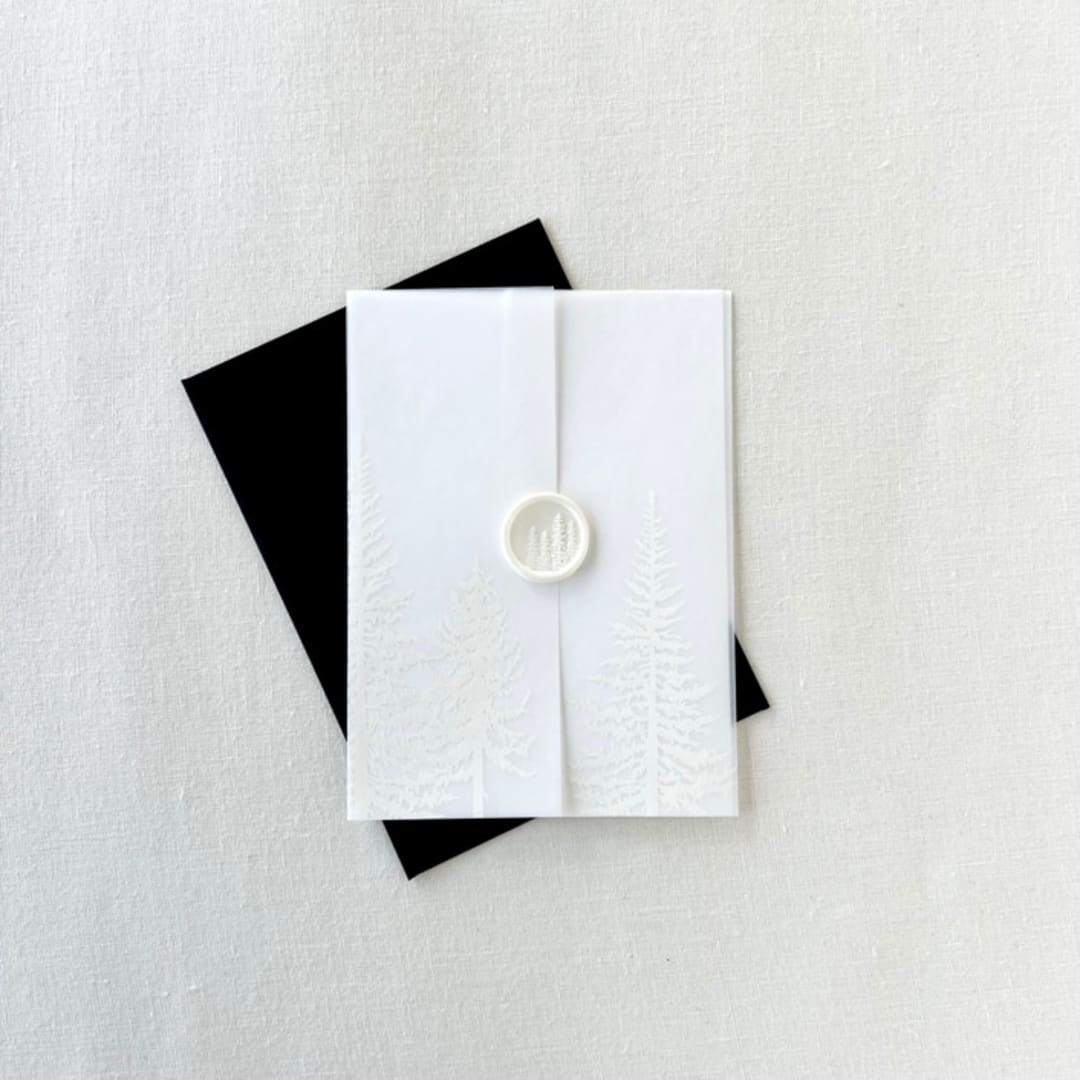 "White Ink Printed Pine Tree Vellum Jacket Wrap | Set of 10" - Invitation Jackets and Overlays in white by Eva Friesen