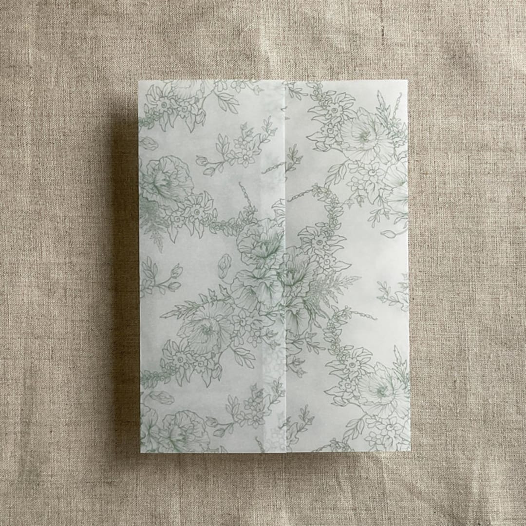 "Sage poppy floral toile printed vellum wrap for 5x7 card | pack of 10" - Invitation Jackets and Overlays in green by Ivory Invitations