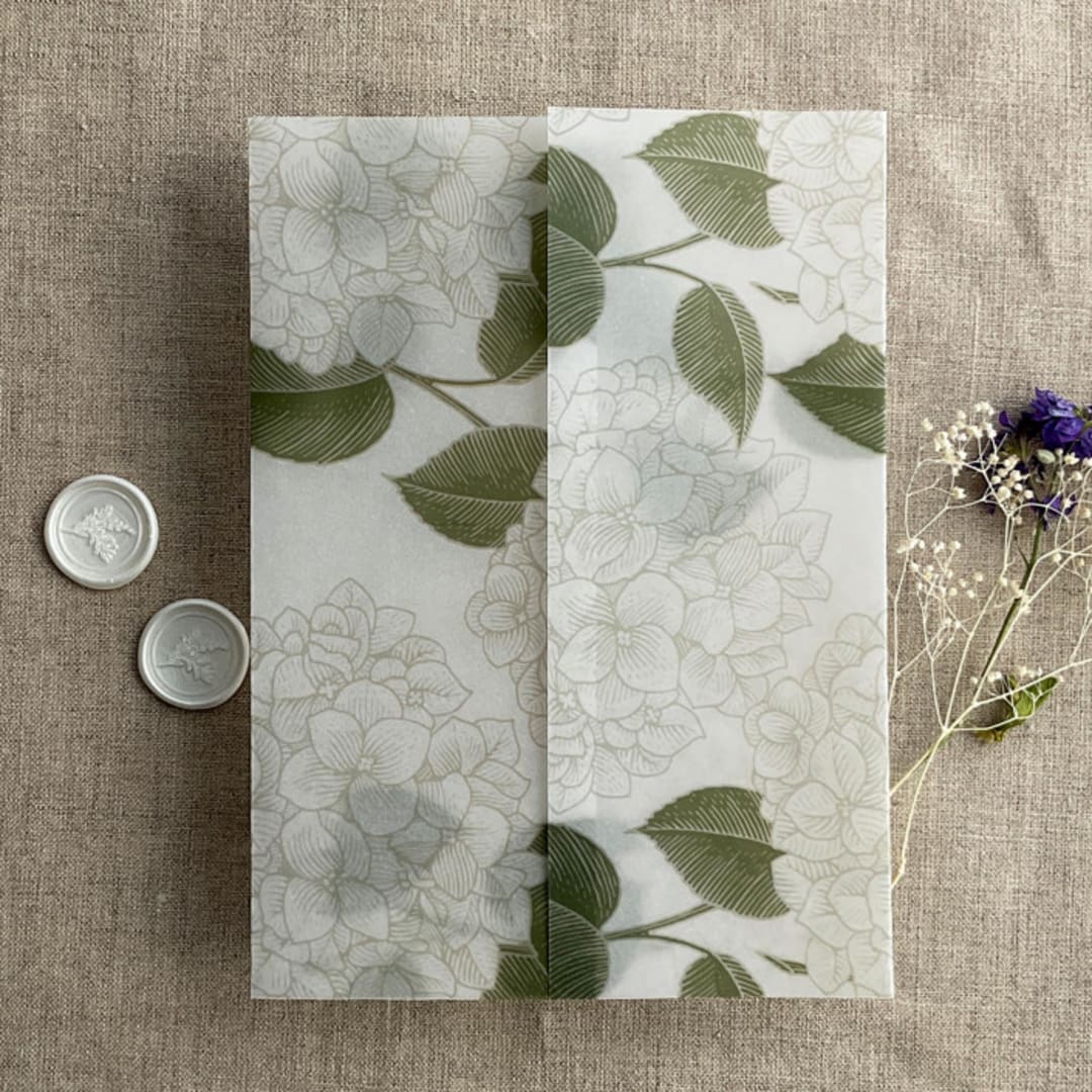 "Antique Hydrangea flower moss leaf printed vellum wrap for 5x7 card | pack of 10" - Invitation Jackets and Overlays in green by Ivory Invitations