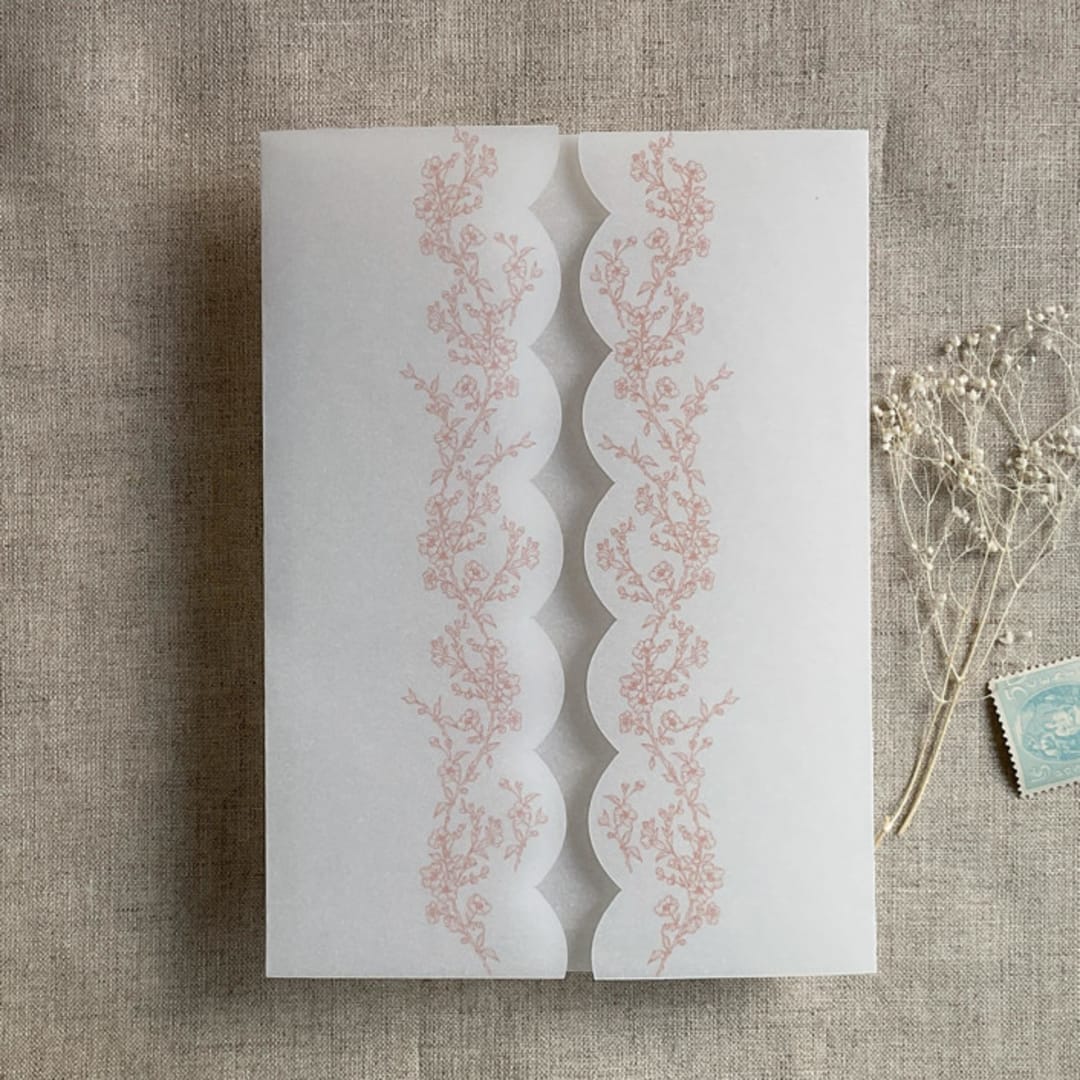 "Blush floral printed scallop edge vellum wrap for 5x7 card | pack of 10" - Invitation Jackets and Overlays in pink by Ivory Invitations