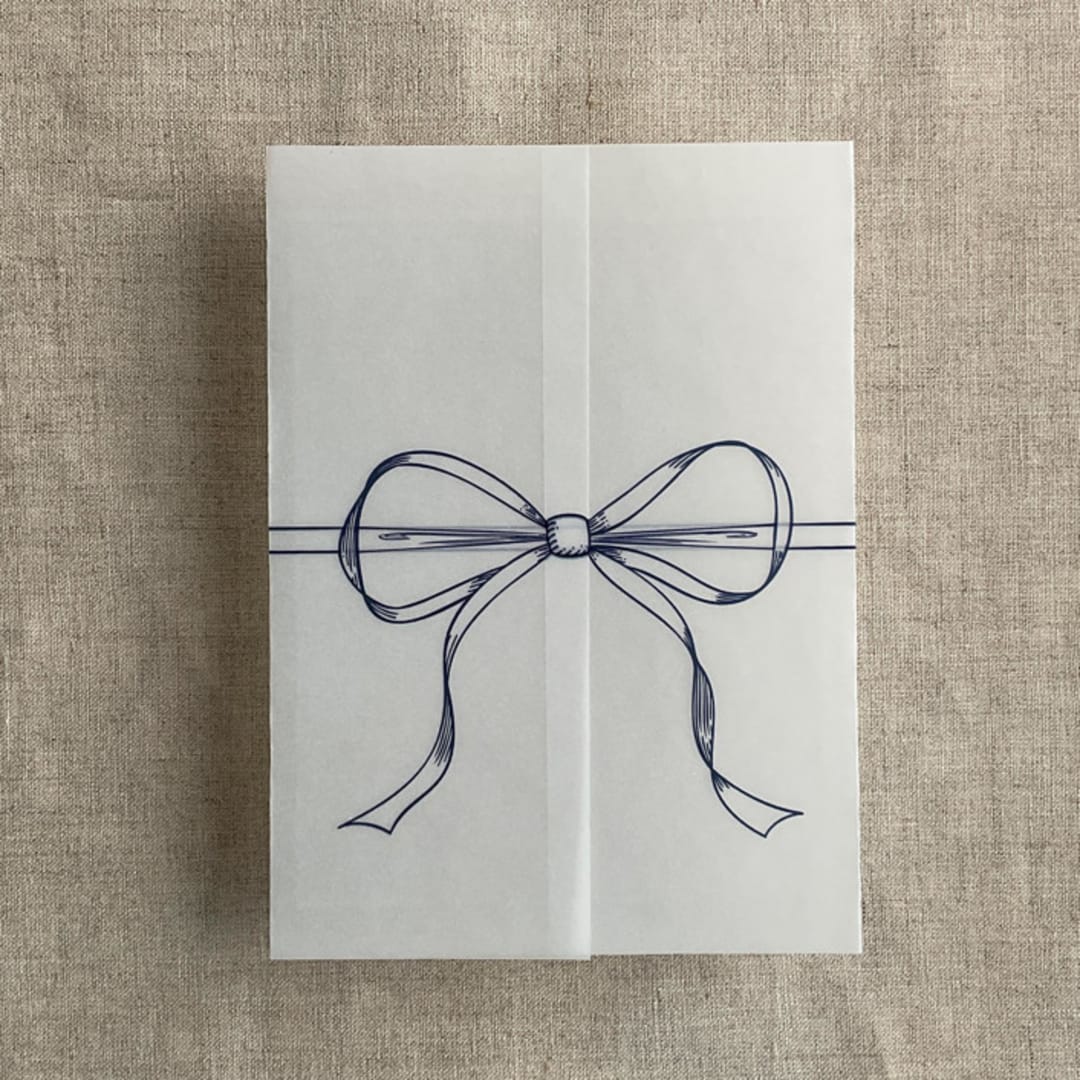 "Navy blue ribbon bow printed vellum wrap for 5x7 card | pack of 10" - Invitation Jackets and Overlays in blue by Ivory Invitations