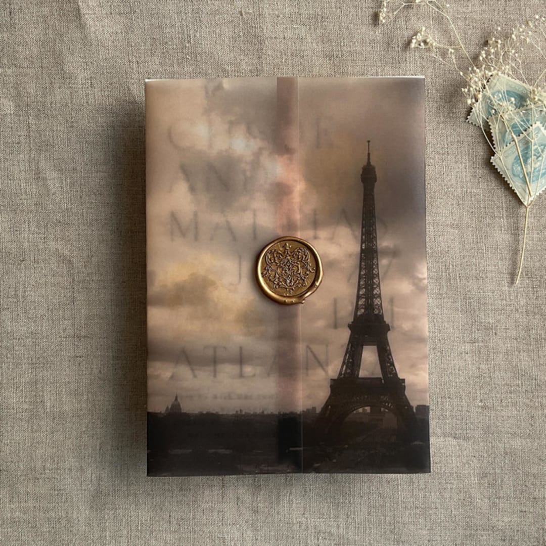 "Eiffel tower in Paris sunset printed vellum wrap for 5x7 card | pack of 10" - Invitation Jackets and Overlays in multicolor by Ivory Invitations