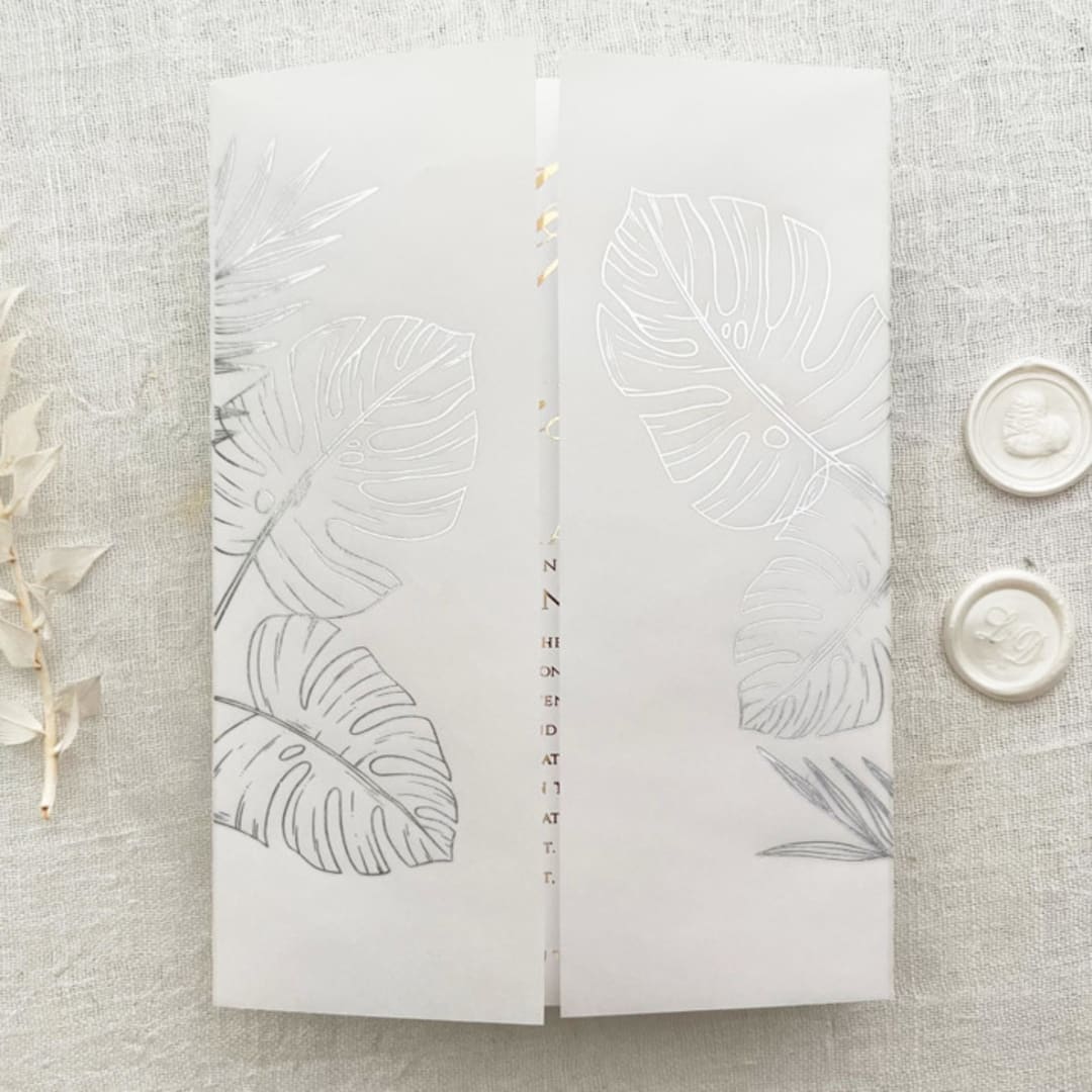 Monstera Leaves Silver Foil Stamping on White Vellum Wraps, Set of 10