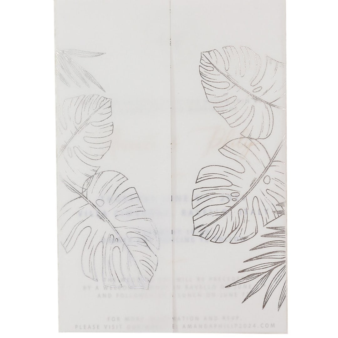 "Monstera Leaves Silver Foil Stamping on White Vellum Wraps, Set of 10" - Invitation Jackets and Overlays in silver by Self Stationery