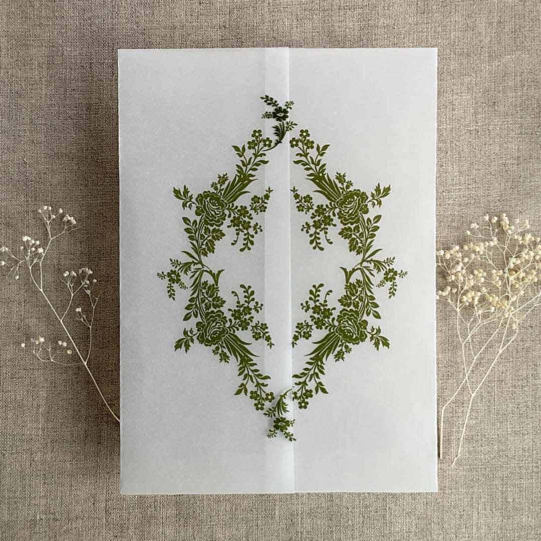 "Moss print French floral crest vellum wrap for 5x7 card | pack of 10" - Invitation Jackets and Overlays in green by Ivory Invitations