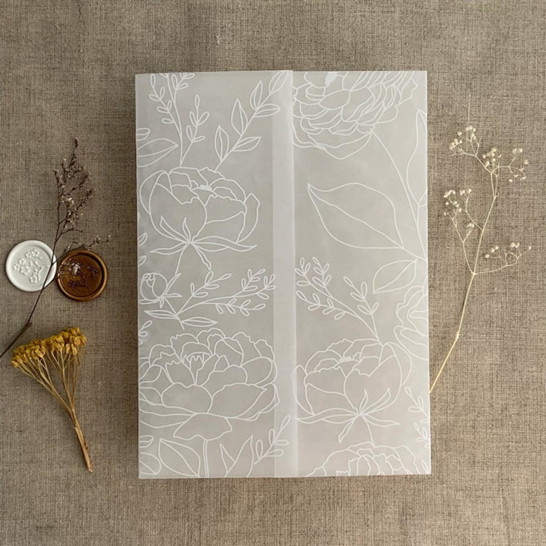 "White ink print minimalist boho peony greenery printed vellum wrap for 5x7 card | pack of 10" - Invitation Jackets and Overlays in white by Ivory Invitations