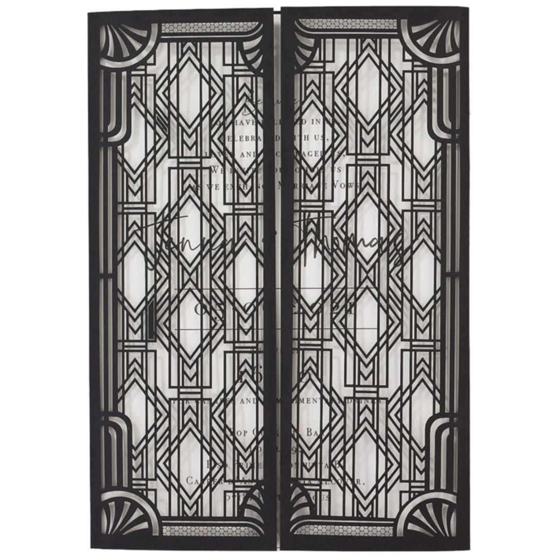 "Art Deco Great Gatsby Black Intricate Lasercut Gate  for 5x7 Card  | Set of 10 | Envelopes Included" - Invitation Jackets and Overlays in black by Self Stationery