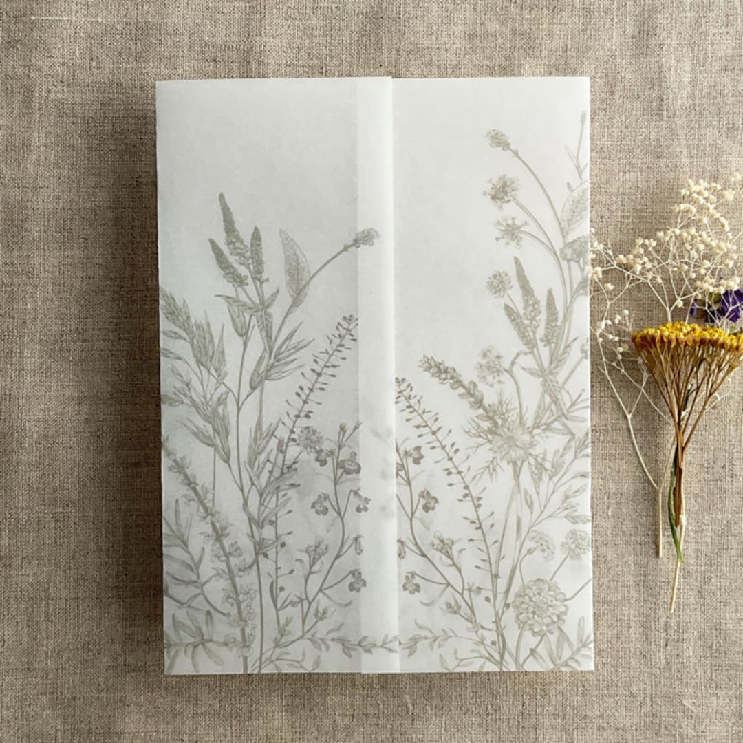 "Light gray English botanical garden floral printed vellum wrap for 5x7 card | pack of 10" - Invitation Jackets and Overlays in gray by Ivory Invitations