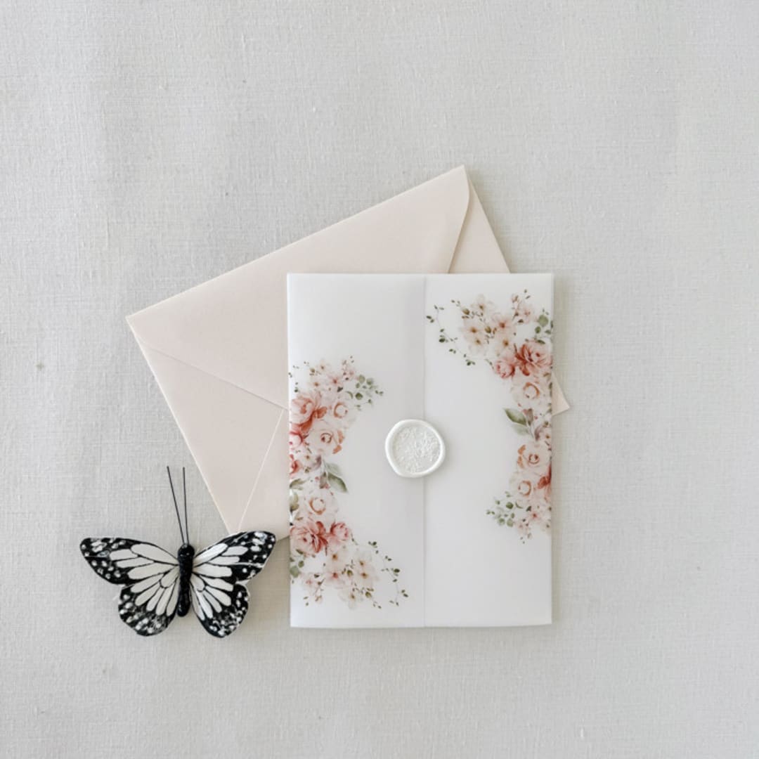"Blush Pink, Peach Floral Wedding Invitation Vellum Jacket" - Invitation Jackets and Overlays in pink by Eva Friesen