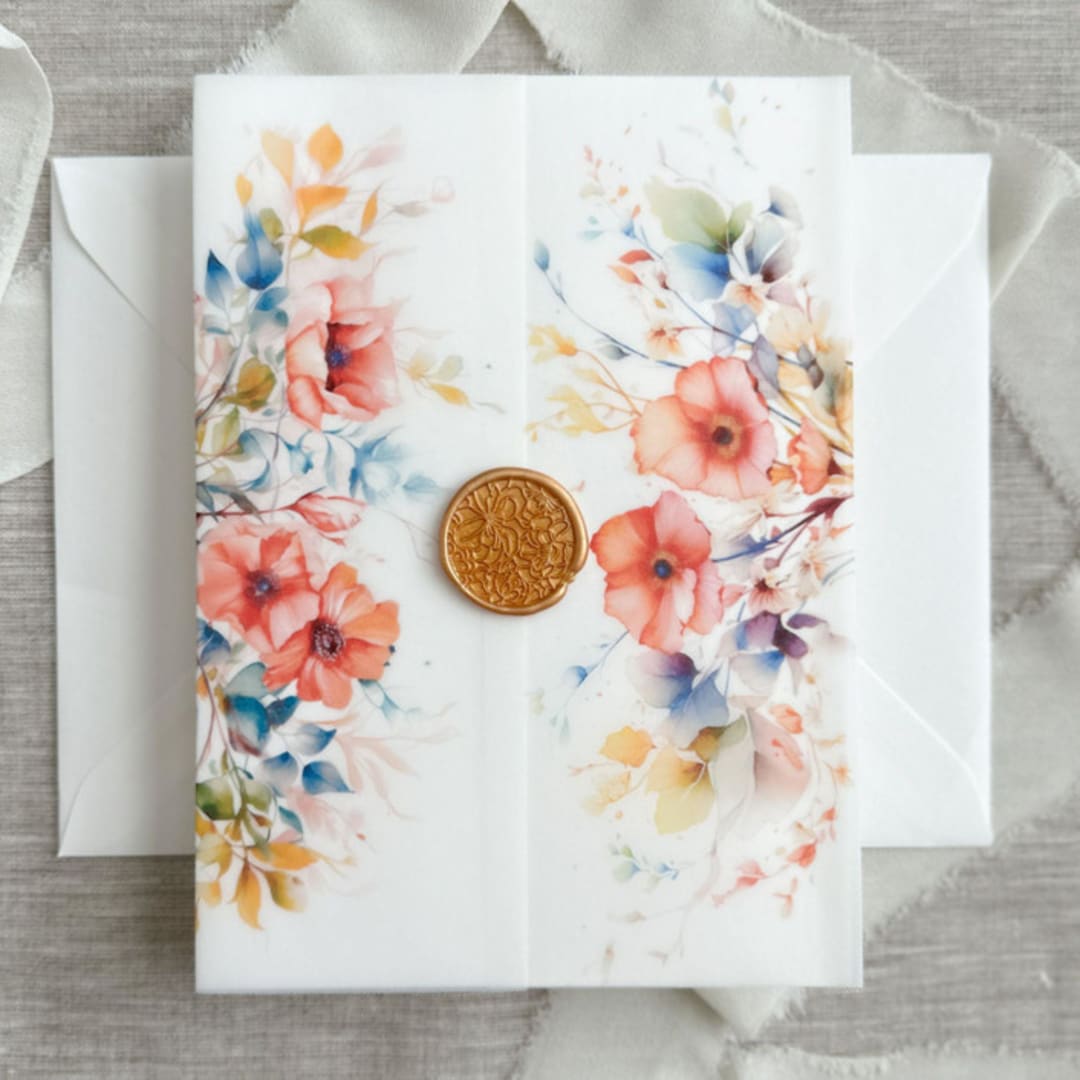 "Colorful florals poppy vellum jacket for invitations | Set of 10" - Invitation Jackets and Overlays in multicolorassorted-colors by Maria Ferrer G.