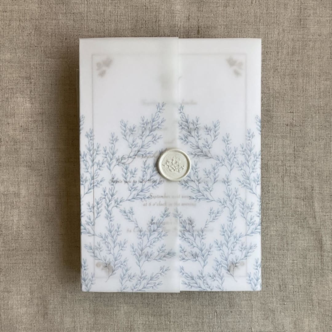 "Alice botanic French toile leafy branch pattern steel blue printed vellum wrap for 5x7 card | pack of 10" - Invitation Jackets and Overlays in blue by Ivory Invitations