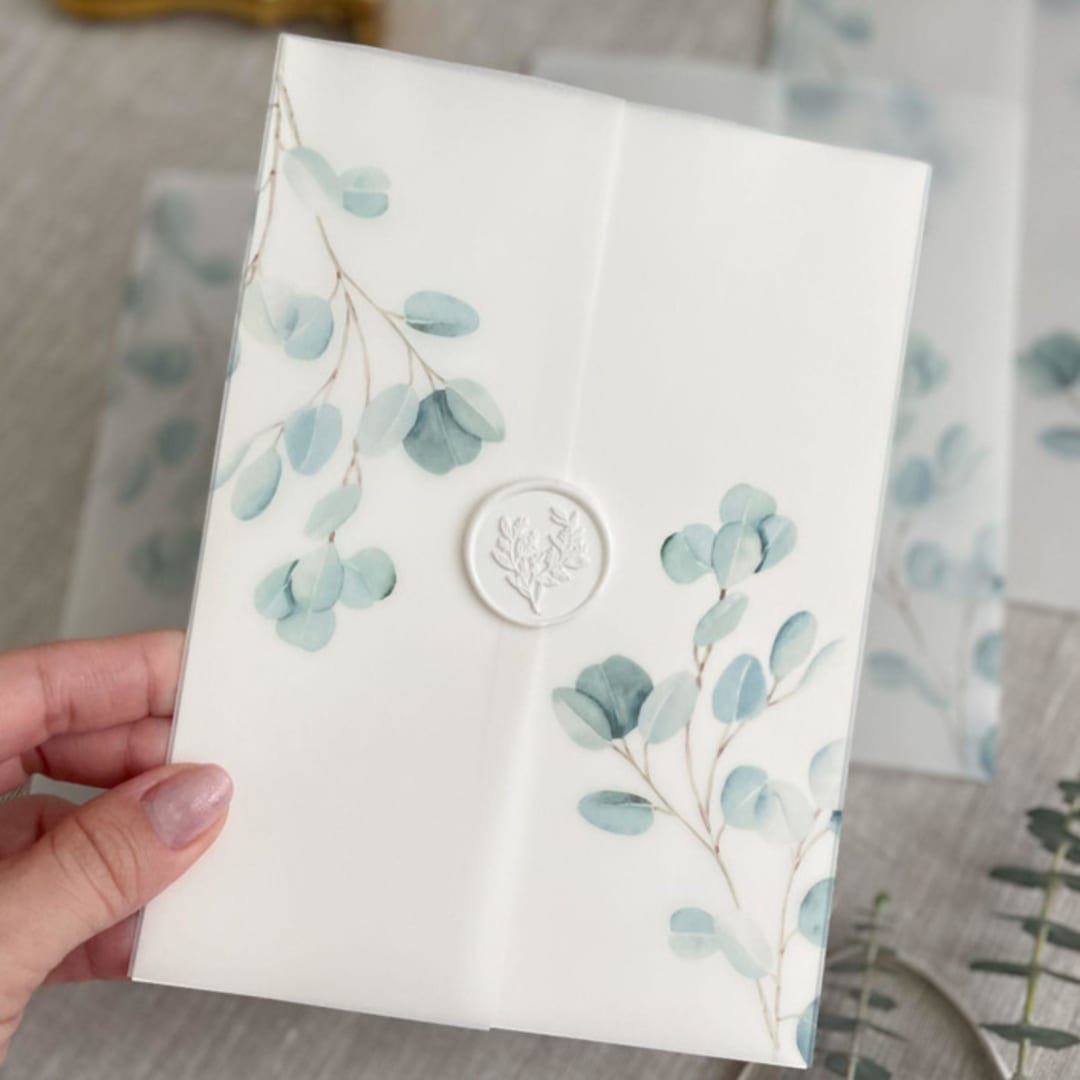 "Eucalyptus vellum wraps for invitations | Set of 10" - Invitation Jackets and Overlays in multicolorassorted-colors by Maria Ferrer G.