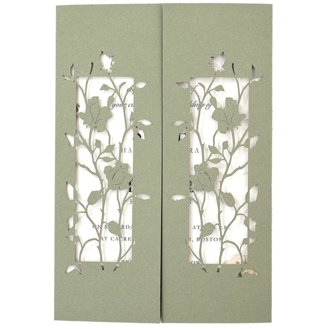 "Laser Cut Covers with Roses for 5x7 Card | Set of 10 | Envelopes Included" - Invitation Jackets and Overlays in green by Self Stationery
