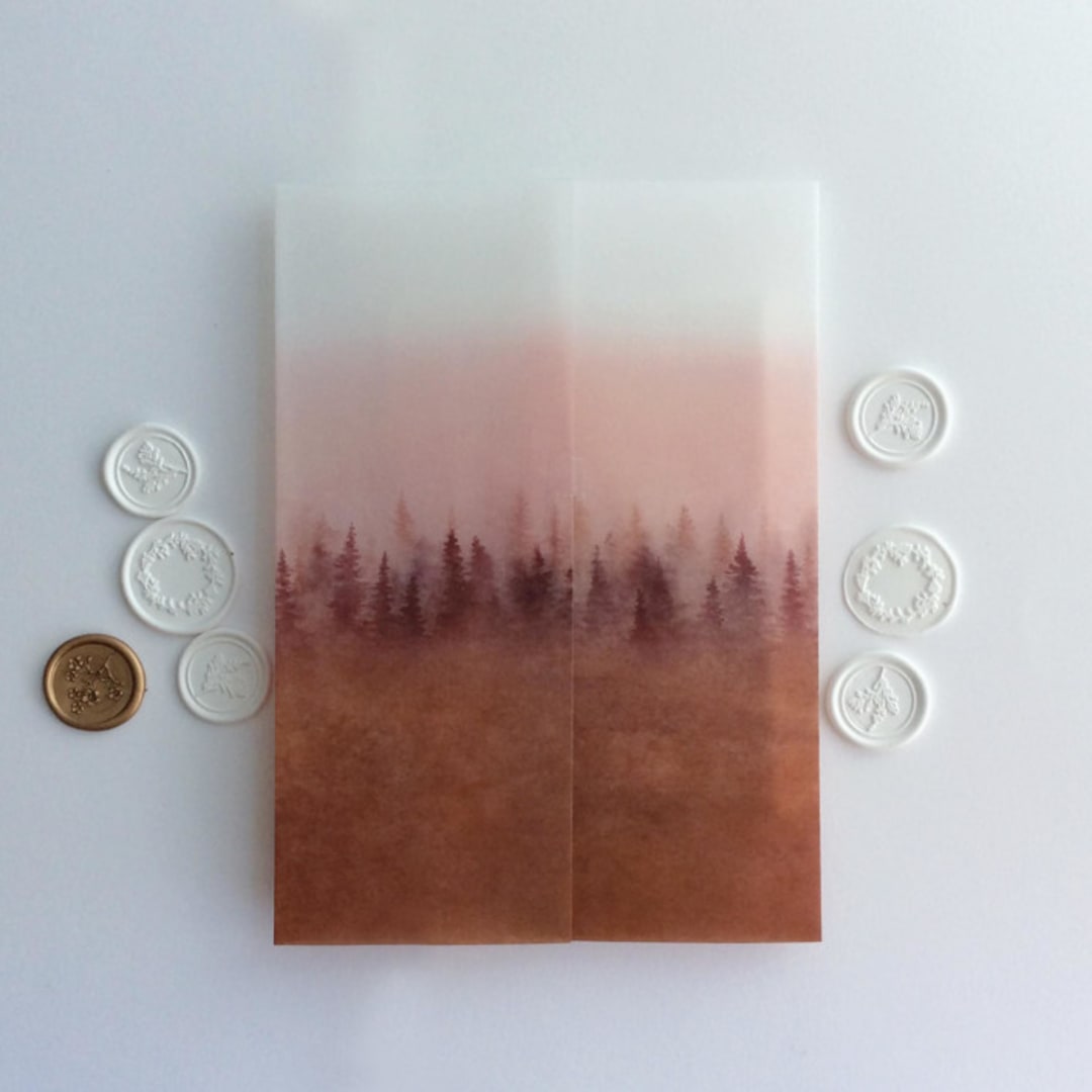 "Rustic blush rust ombre forest landscape printed vellum wrap for 5x7 card | pack of 10" - Invitation Jackets and Overlays in orange by Ivory Invitations