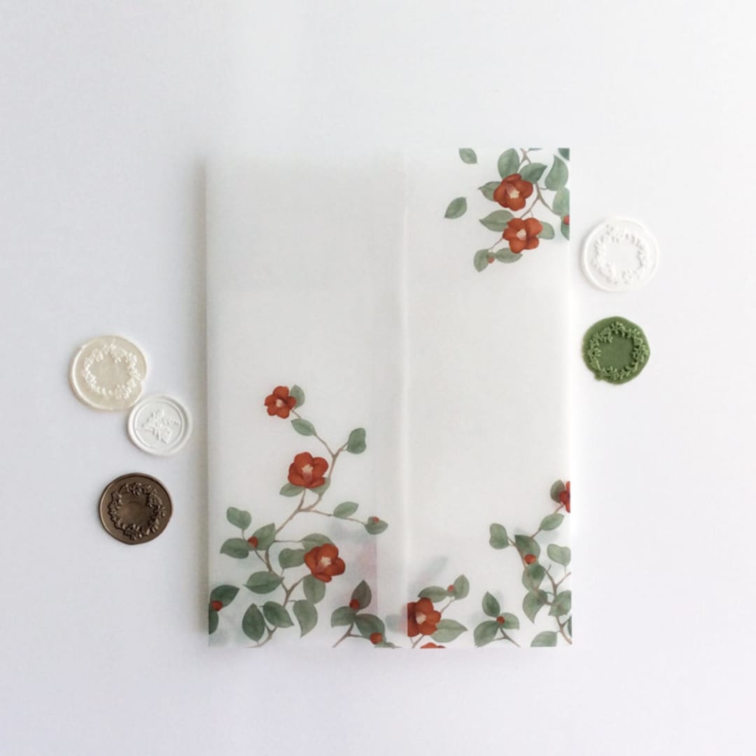 "Red velvet Camellia floral branch printed vellum wrap for 5x7 card  | pack of 10" - Invitation Jackets and Overlays in red by Ivory Invitations