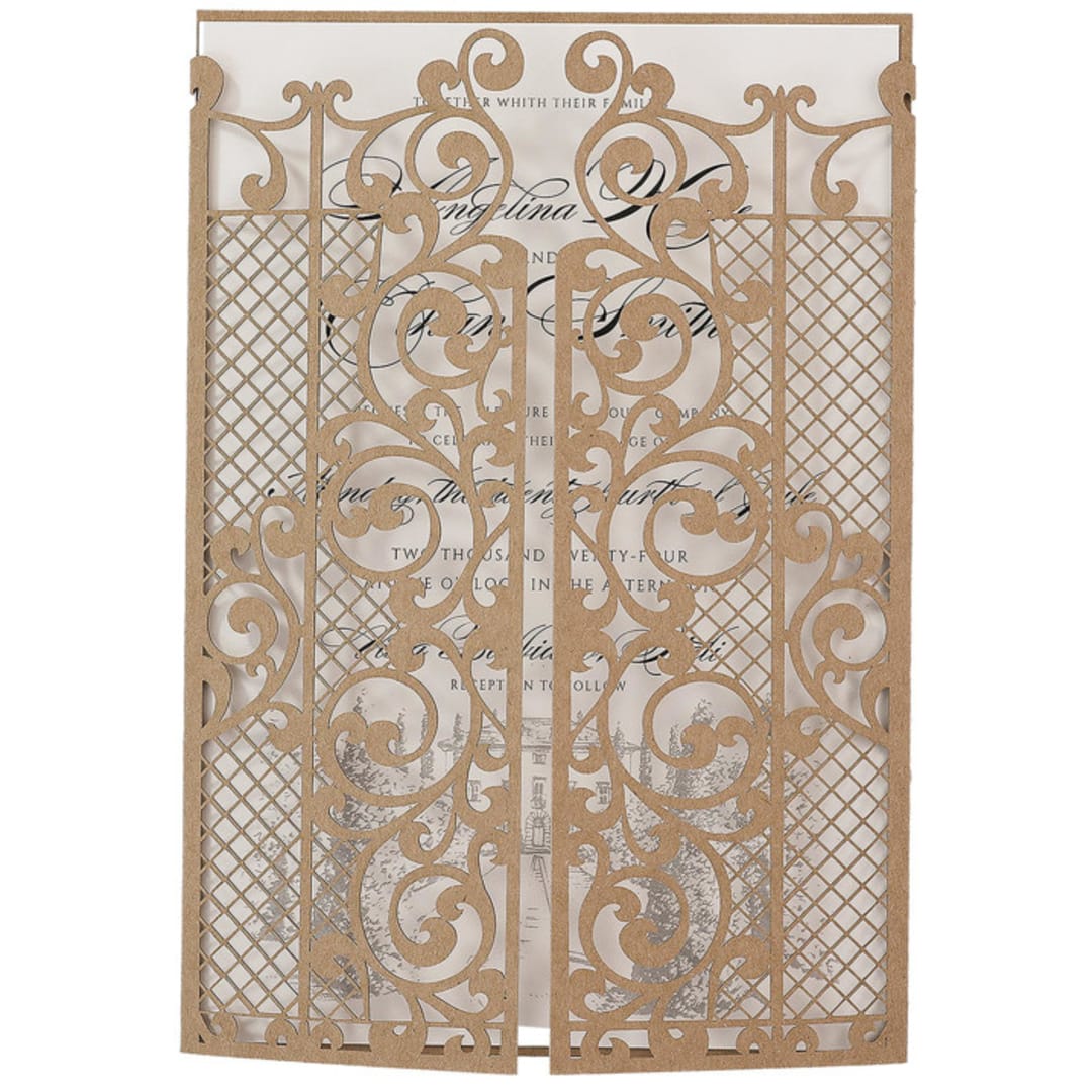 "Laser Cut Gatefold for 5x7 Invitation | Set of 10 | Envelopes Included" - Invitation Jackets and Overlays in brown by Self Stationery