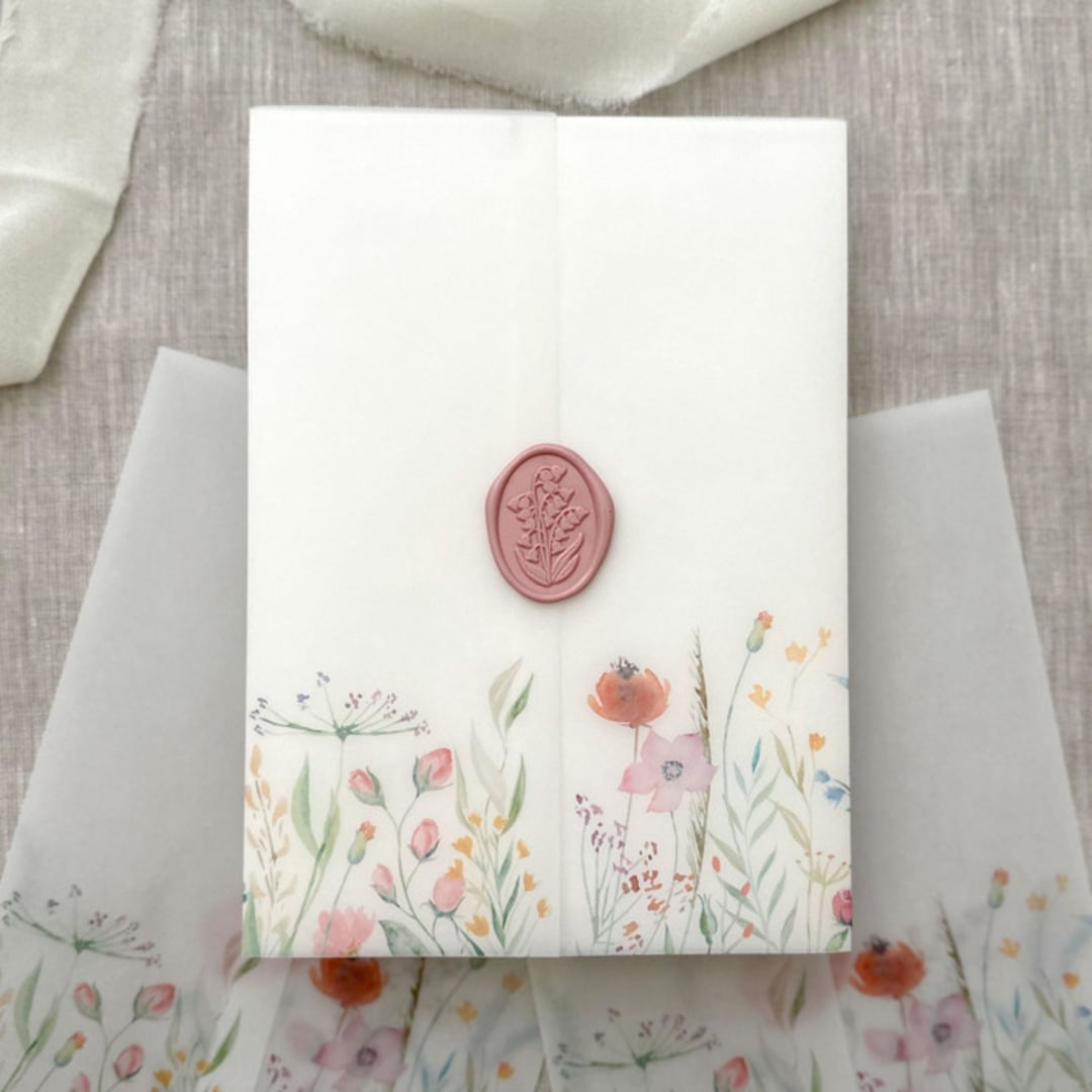 "Colorful wildflowers vellum wrap for invitations | Set of 10" - Invitation Jackets and Overlays in multicolorassorted-colors by Maria Ferrer G.