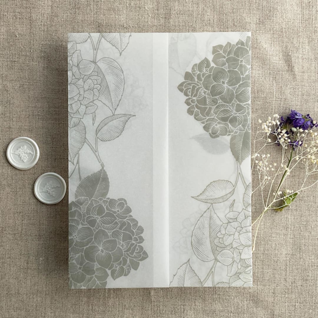 "Oyster Hydrangea floral printed vellum wrap for 5x7 card | pack of 10" - Invitation Jackets and Overlays in gray by Ivory Invitations