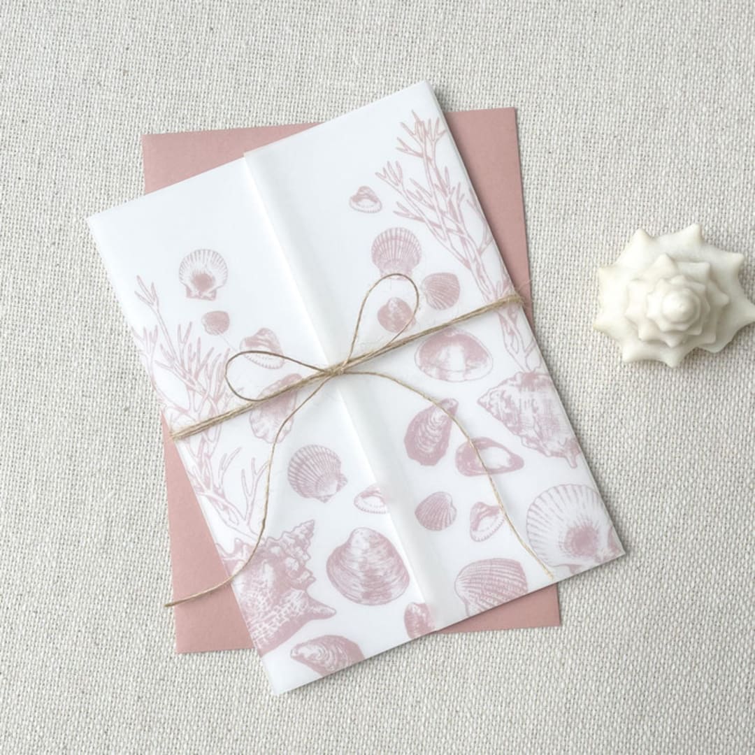 "Seashell Vellum Jacket | Set of 10 | Neutral & Pink Color Options" - Invitation Jackets and Overlays in multicolor by Megan Tendler