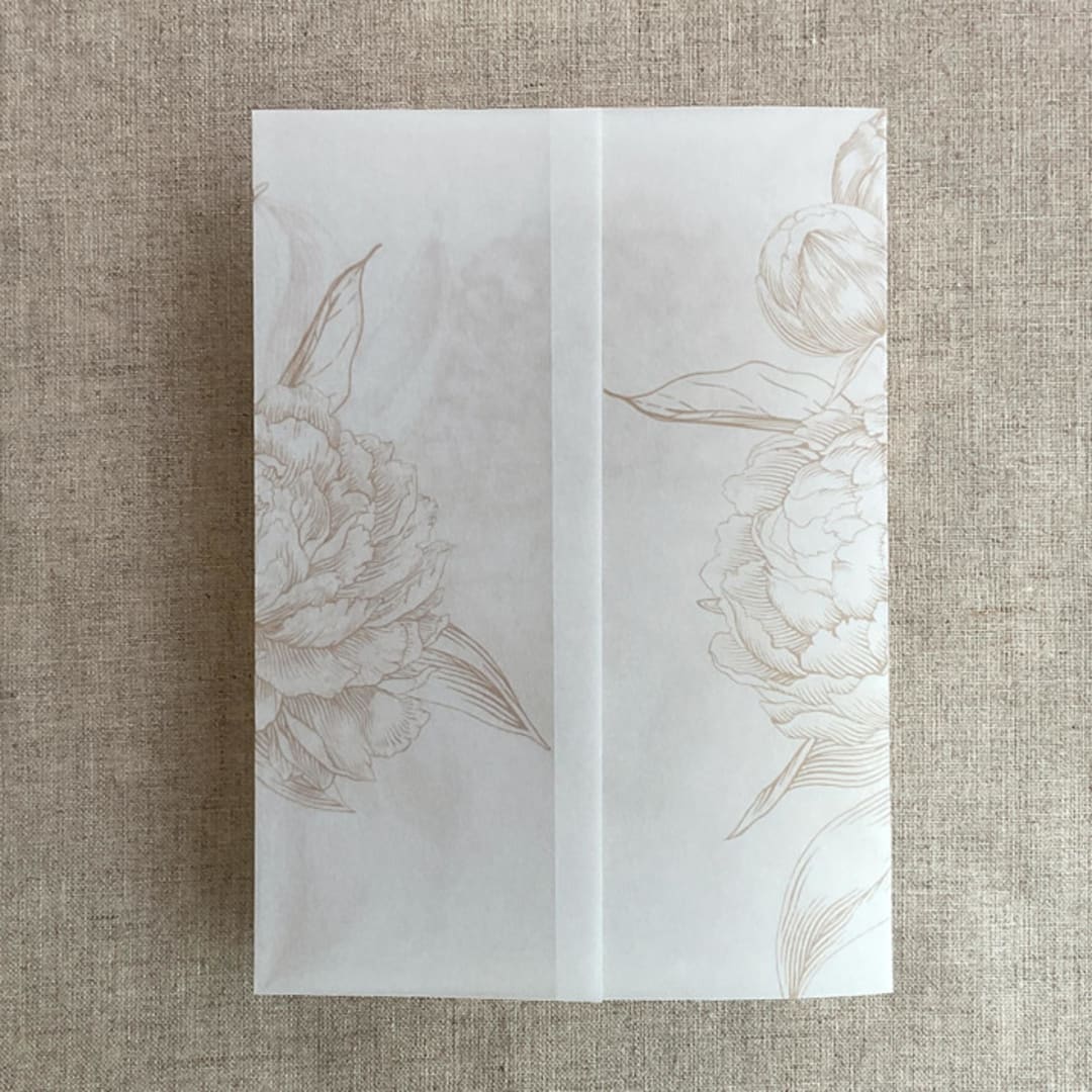 "Cashmere etched grand peony floral printed vellum wrap for 5x7 card  | pack of 10" - Invitation Jackets and Overlays in beige by Ivory Invitations