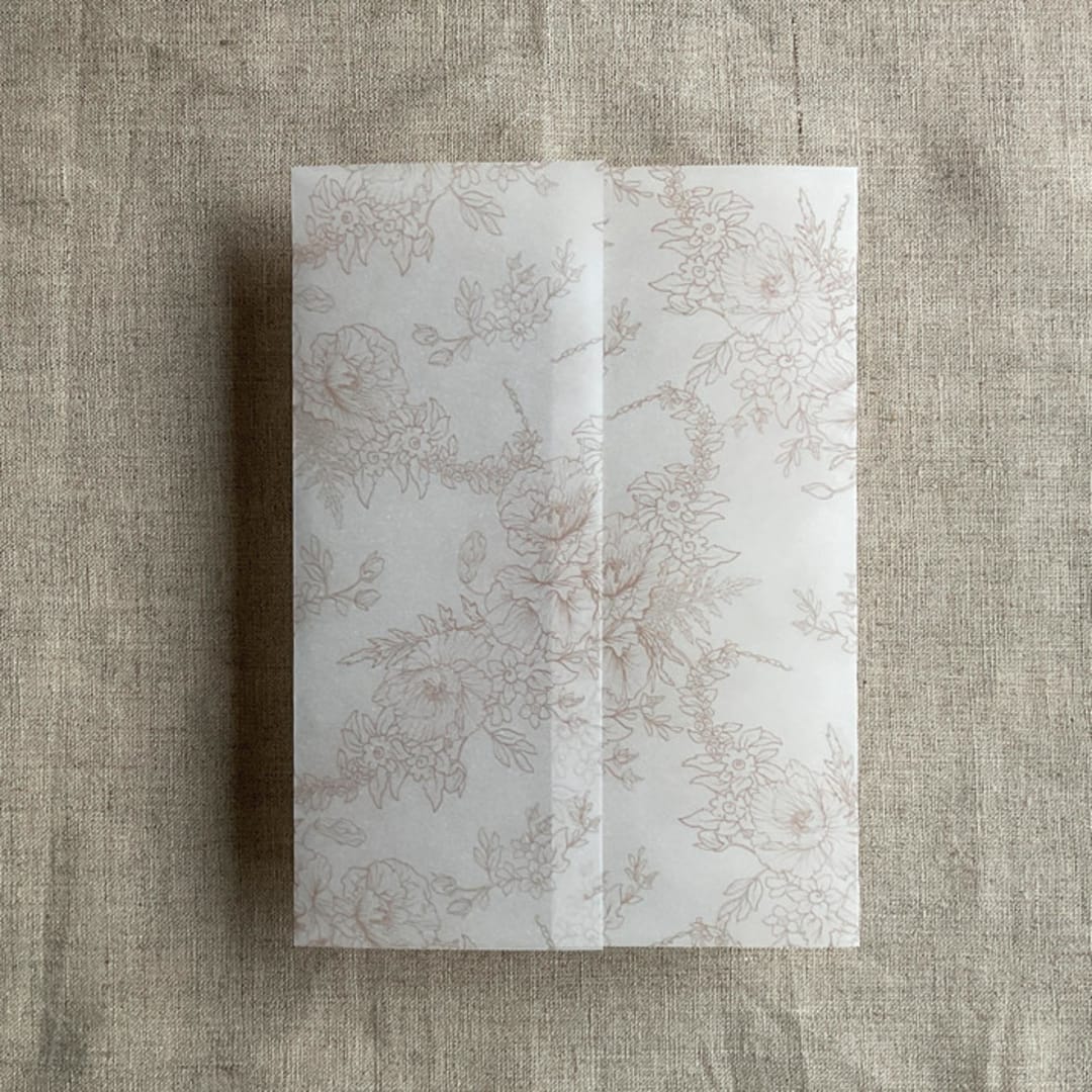 "Cashmere poppy floral toile printed vellum wrap for 5x7 card | pack of 10" - Invitation Jackets and Overlays in beige by Ivory Invitations
