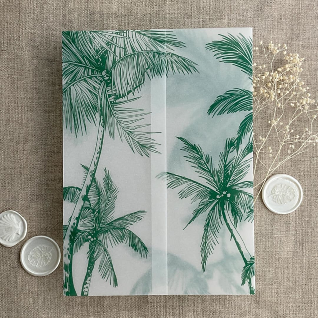 "Palm trees beach side emerald printed vellum wrap for 5x7 card | pack of 10" - Invitation Jackets and Overlays in green by Ivory Invitations